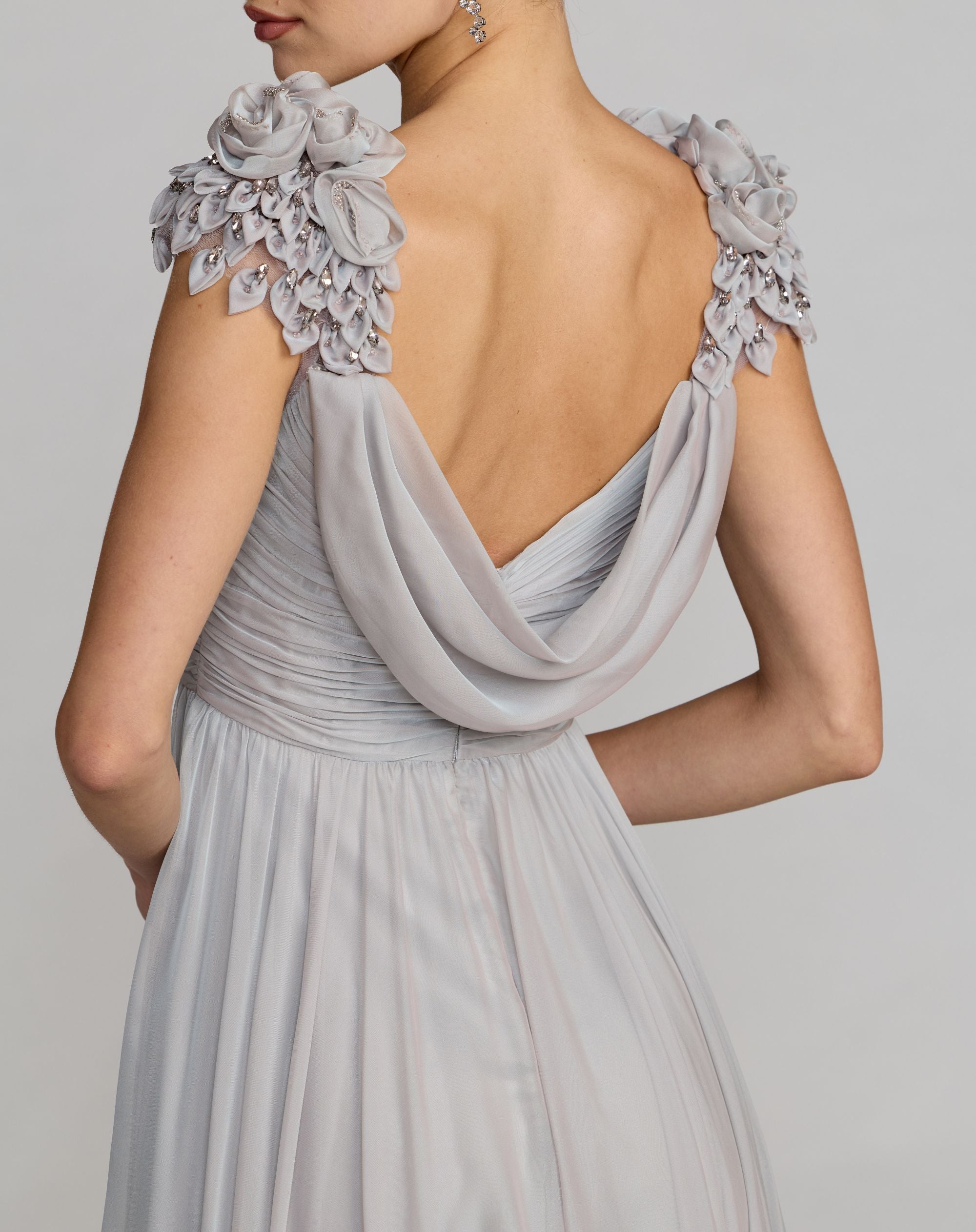 Gray Chiffon Cowl Neck Embellished Cap Sleeve Gown - Mac Duggal