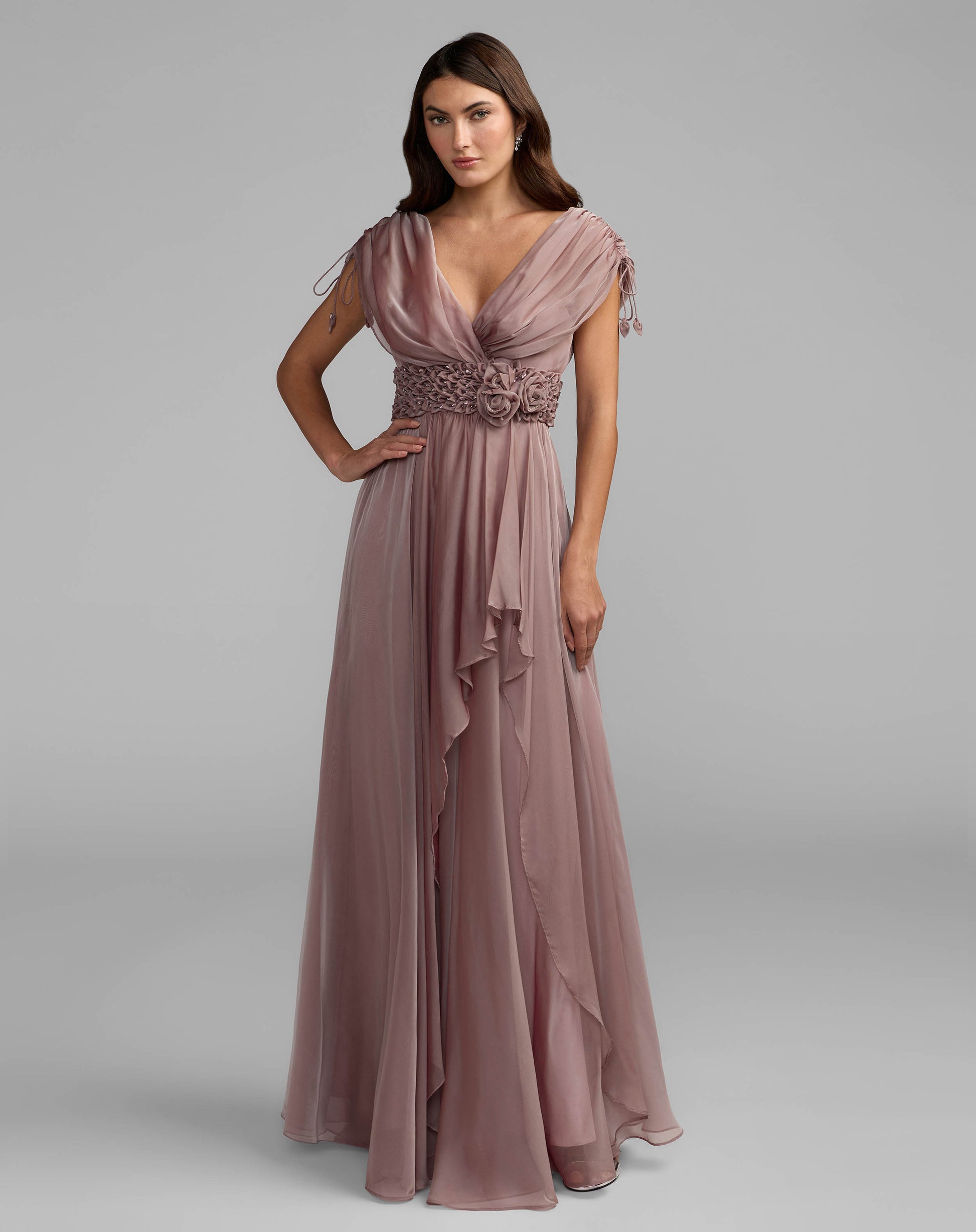 Mac Duggal - Purple Crystal Floral Waist Chiffon Gown