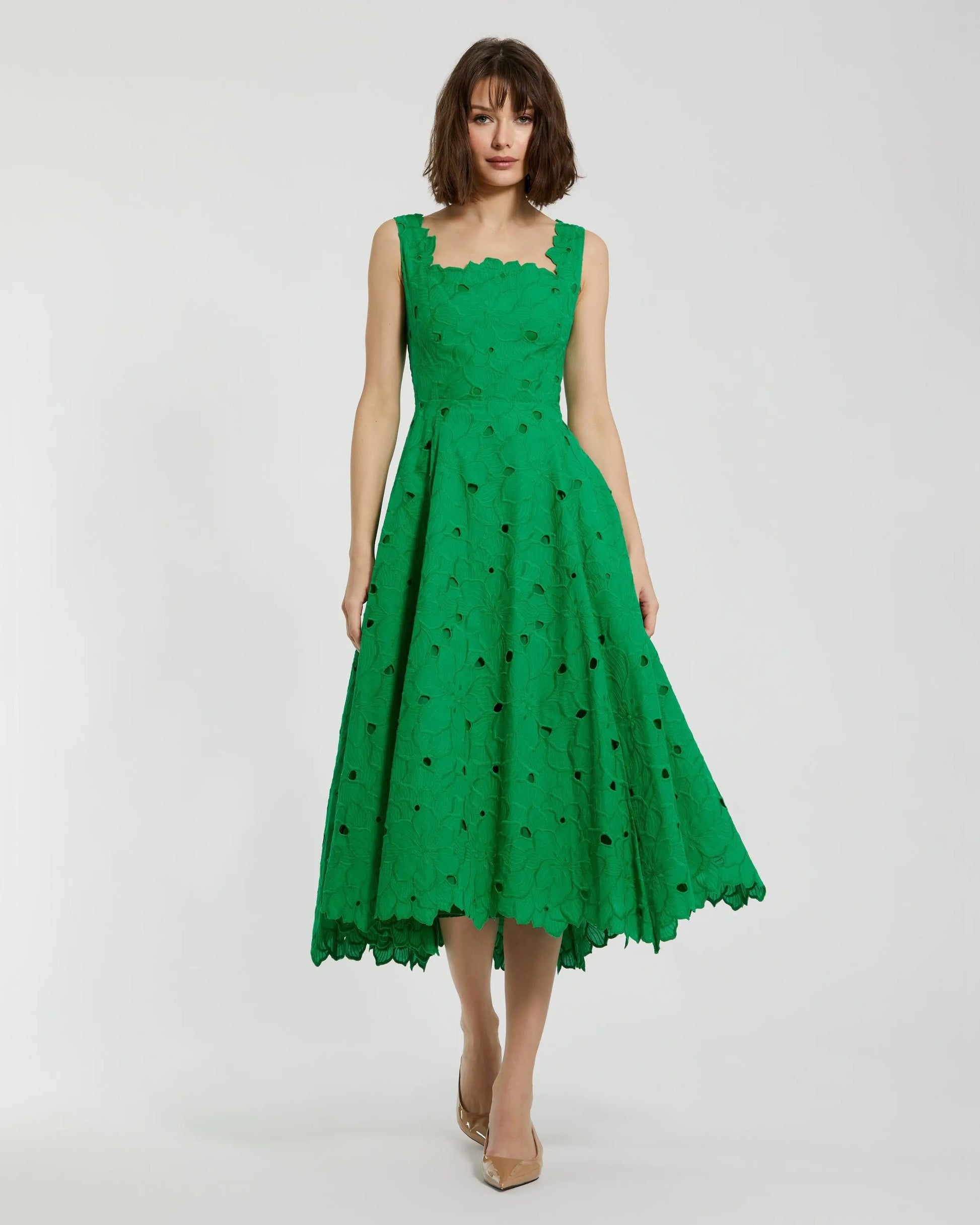 Green Embroidered Cotton A-Line Midi Dress | Mac Duggal Green Embroidered Cotton A-Line Midi Dress | Mac Duggal