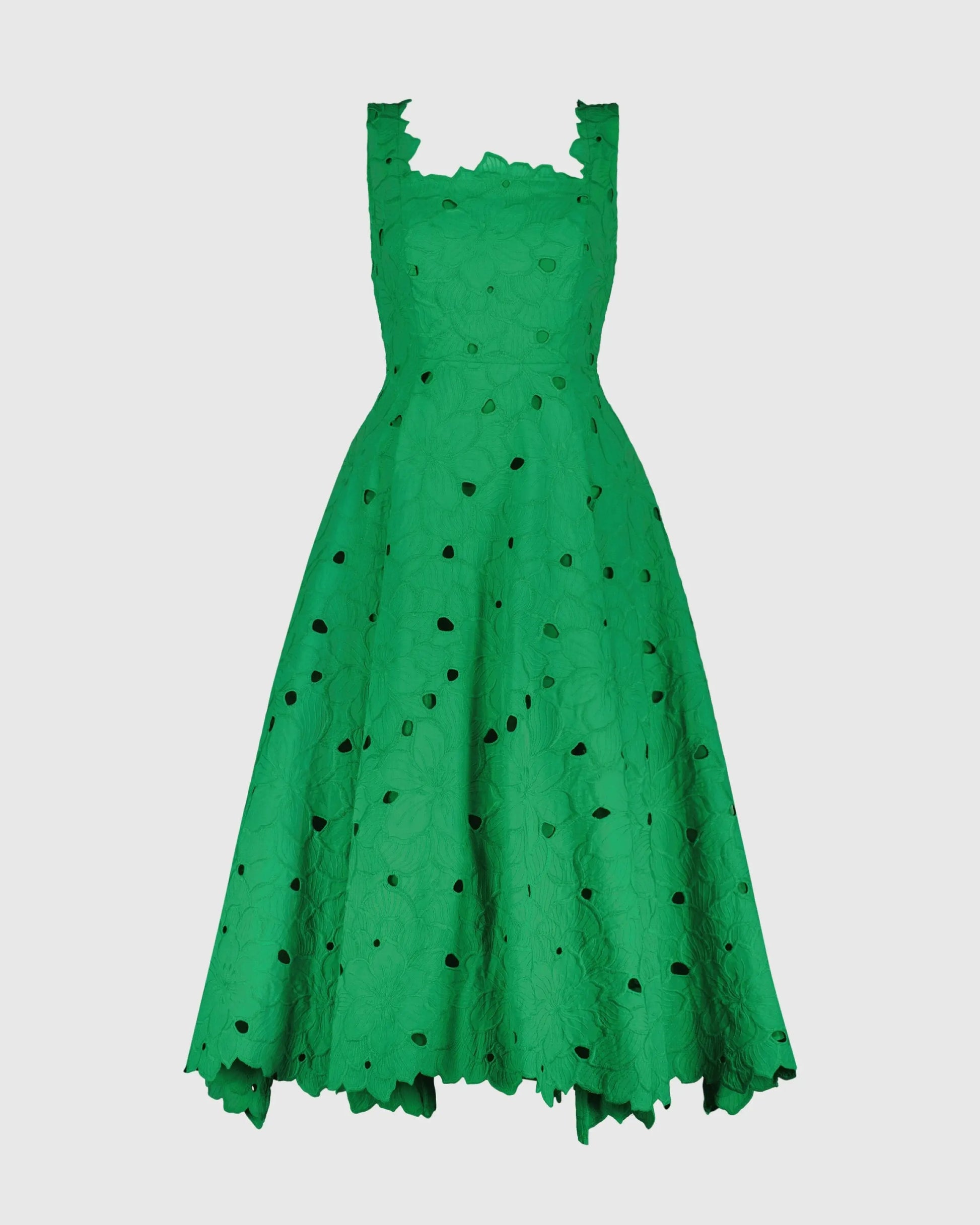 Green Embroidered Cotton A-Line Midi Dress | Mac Duggal Green Embroidered Cotton A-Line Midi Dress | Mac Duggal