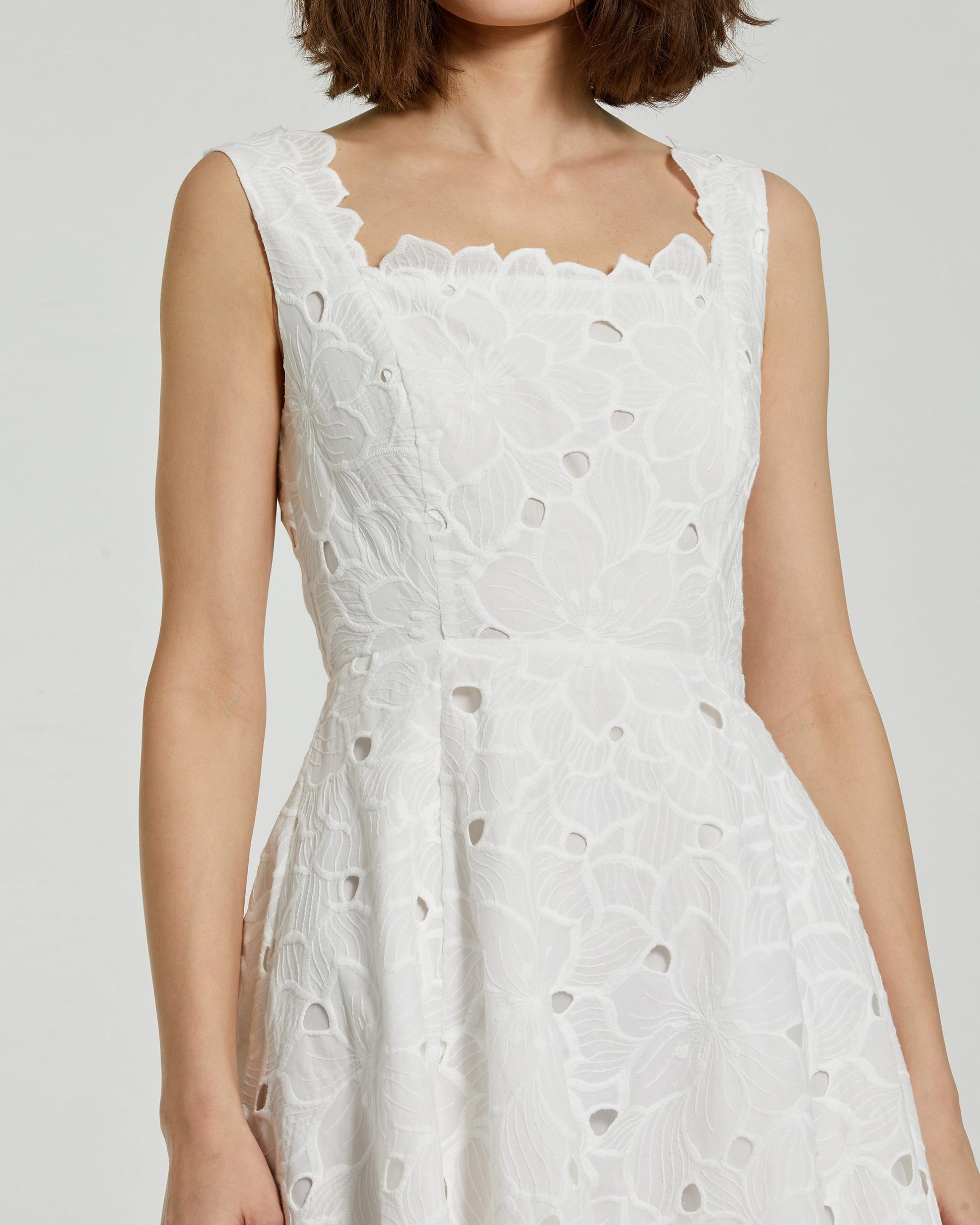 White Embroidered Floral A Line Sleeveless Midi Dress Mac Duggal