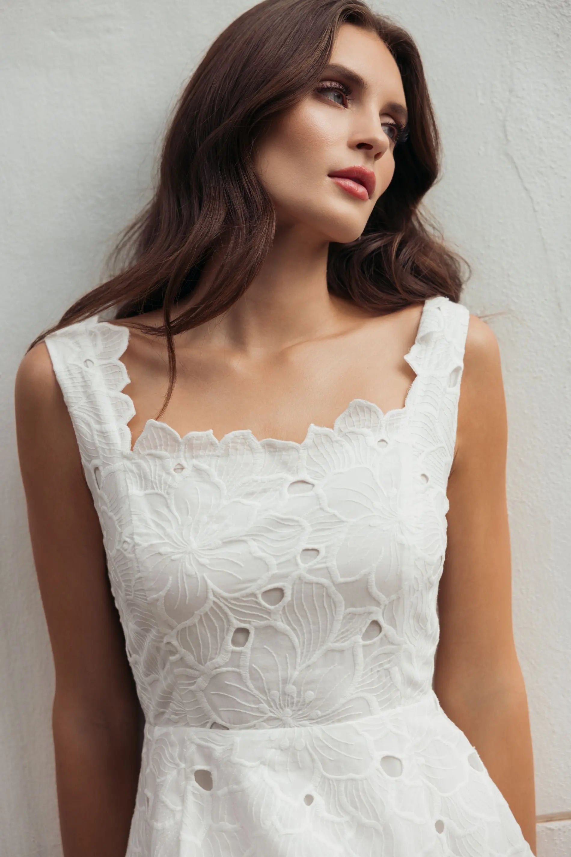 White Embroidered Cotton A-Line Midi Dress | Mac Duggal