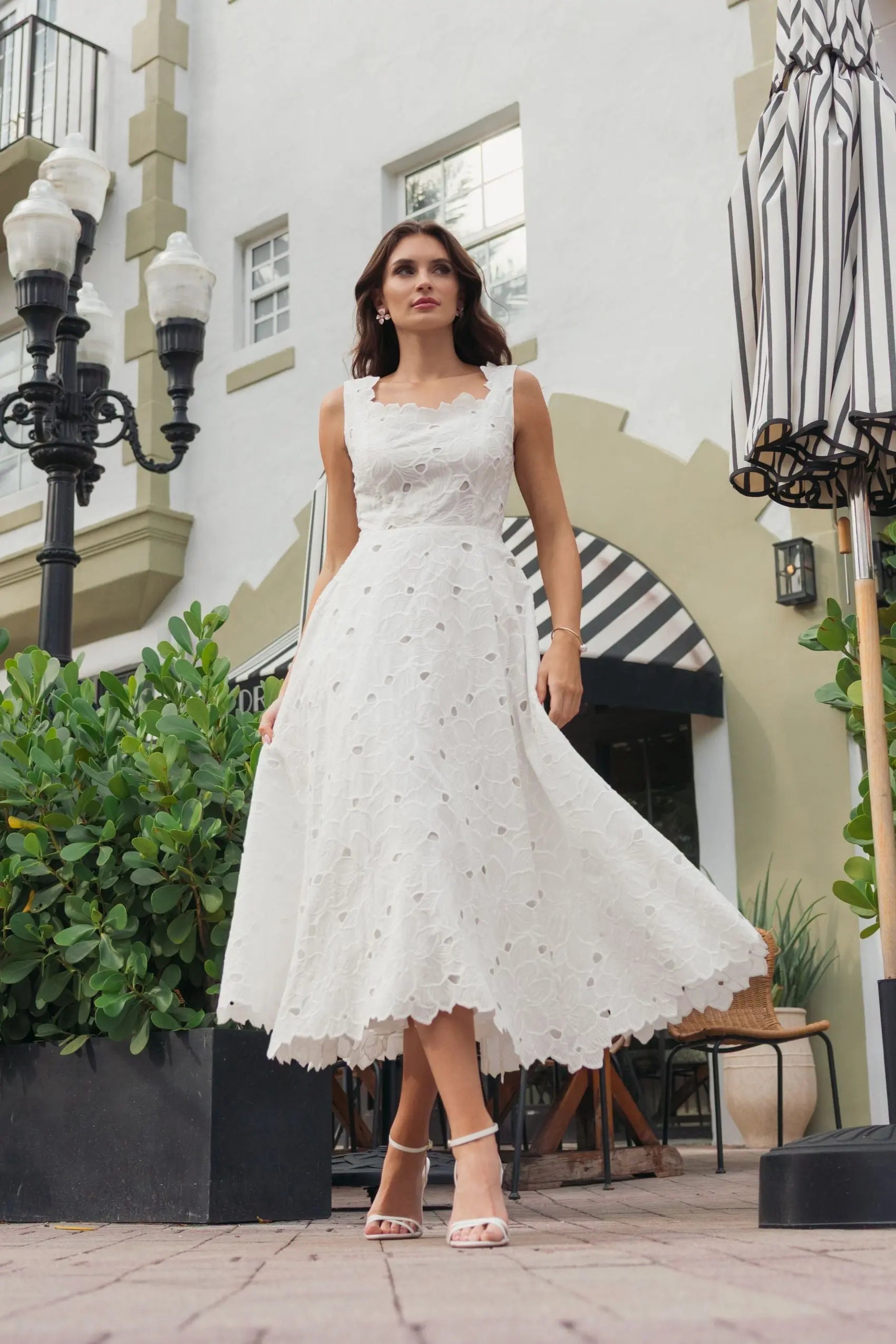 White Embroidered Cotton A-Line Midi Dress | Mac Duggal White Embroidered Cotton A-Line Midi Dress | Mac Duggal