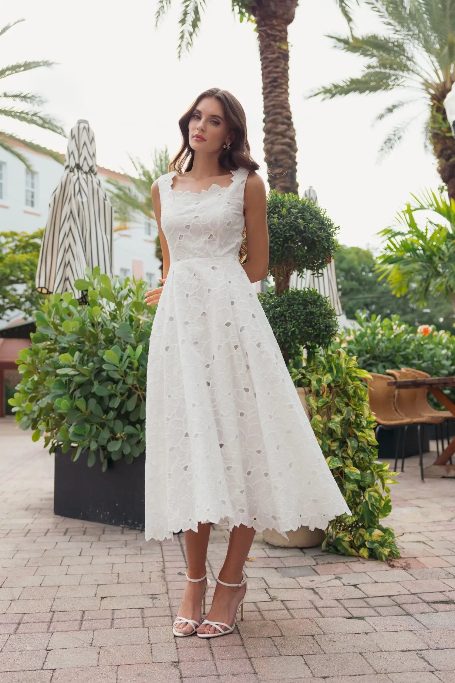 White Embroidered Floral A Line Sleeveless Midi Dress Mac Duggal