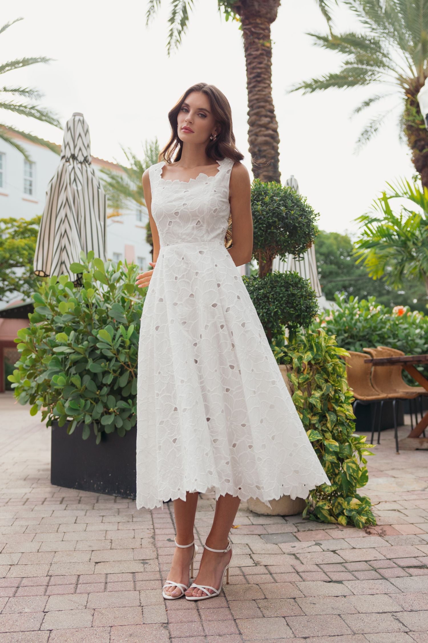 White Embroidered Cotton A-Line Midi Dress | Mac Duggal White Embroidered Cotton A-Line Midi Dress | Mac Duggal