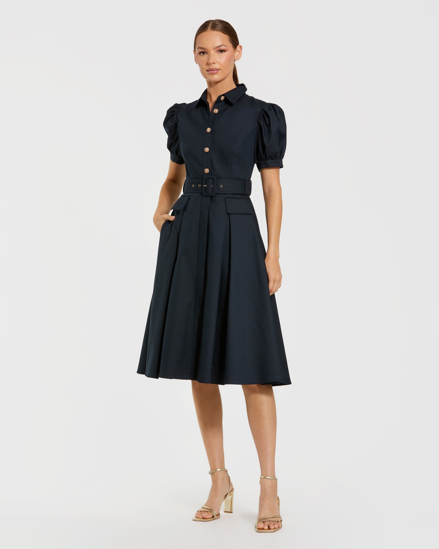 Navy Puff Sleeve Belted Midi Shirt Dress Ieena for Mac Duggal 