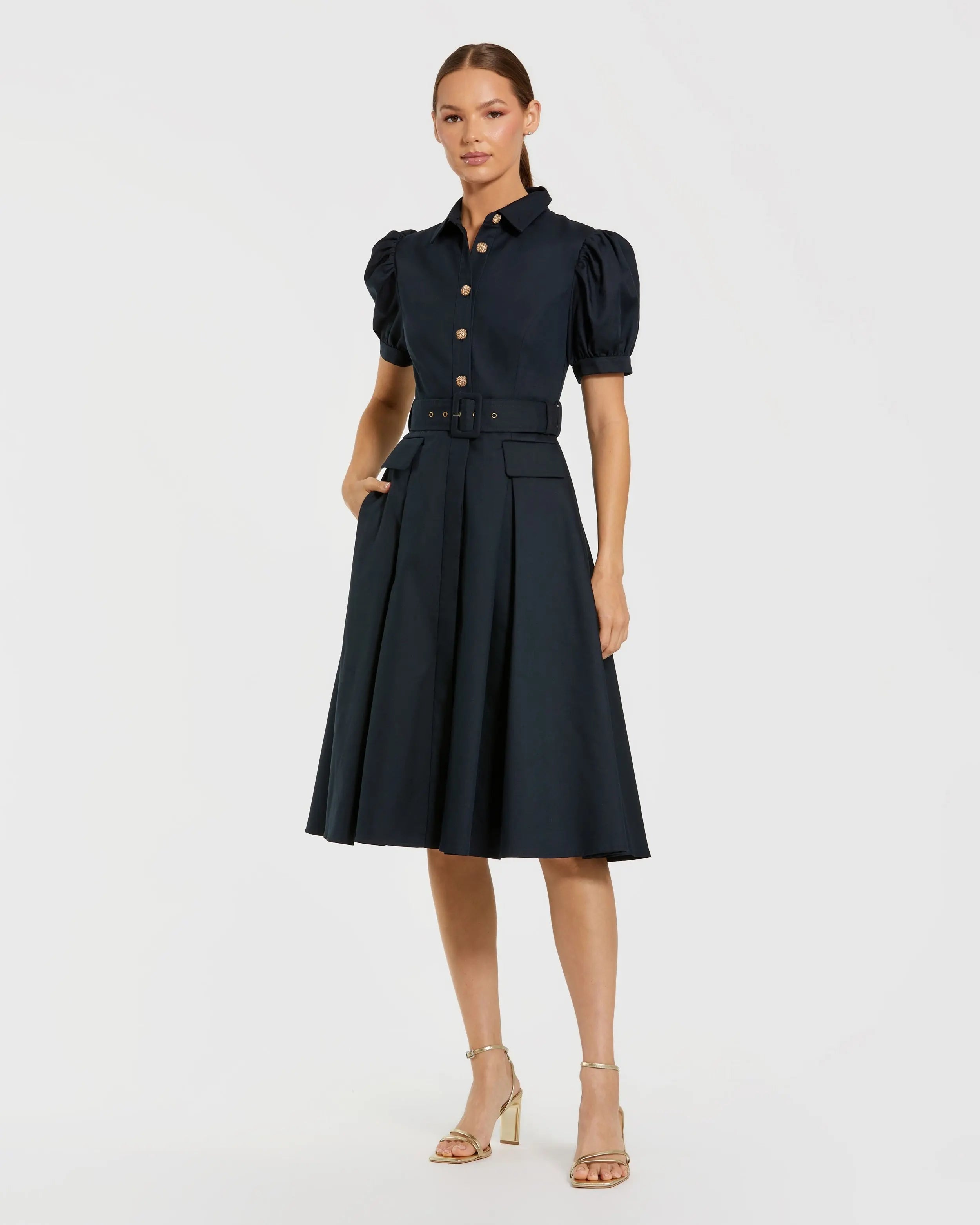 Navy Puff Sleeve Belted Midi Shirt Dress Ieena for Mac Duggal 