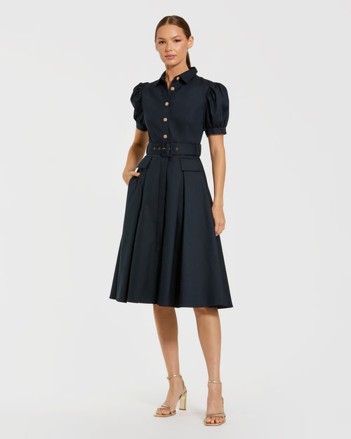 Navy Puff Sleeve Belted Midi Shirt Dress Ieena for Mac Duggal 