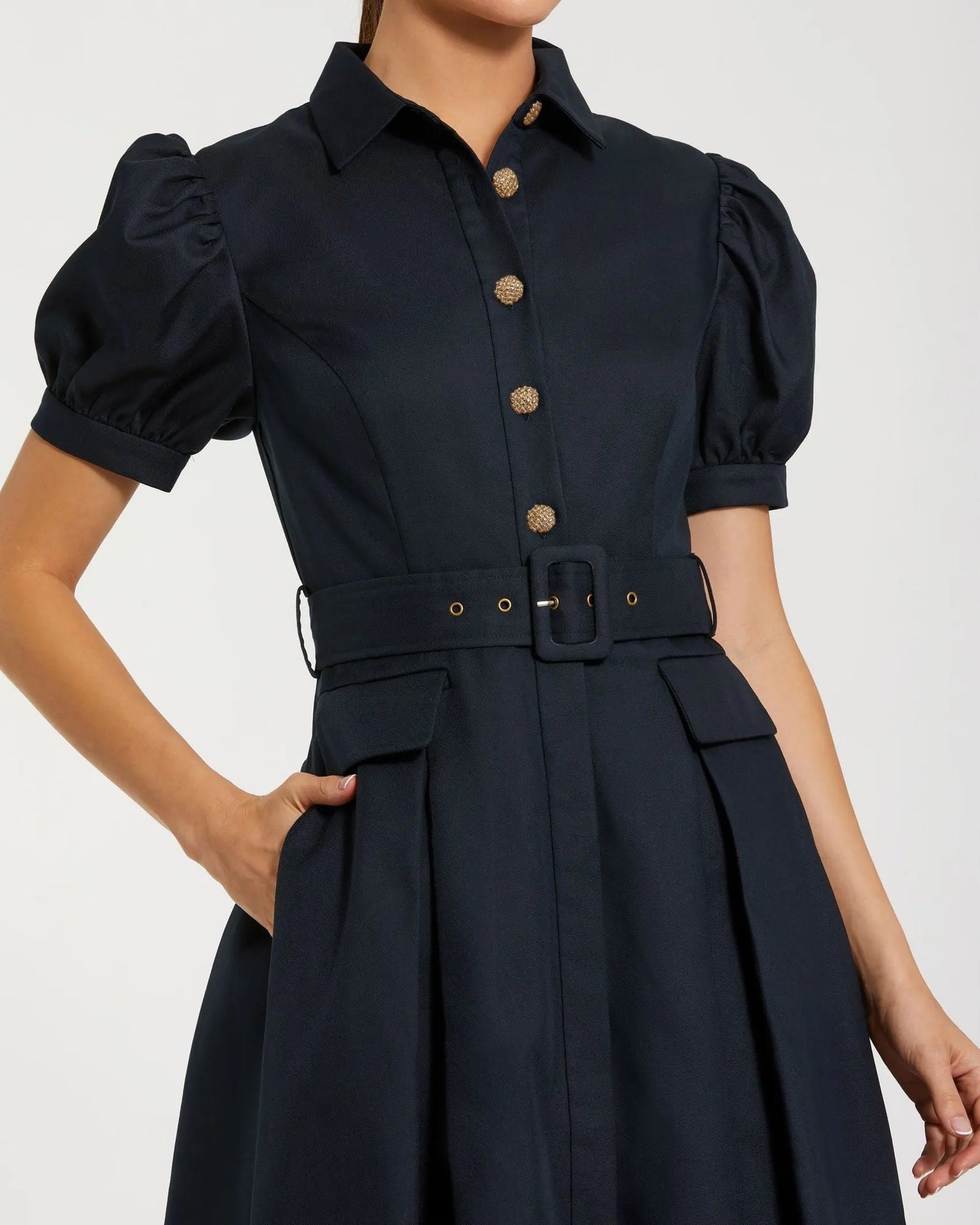 navy midi shirt dress Navy Puff Sleeve Belted Midi Shirt Dress Mac Duggal