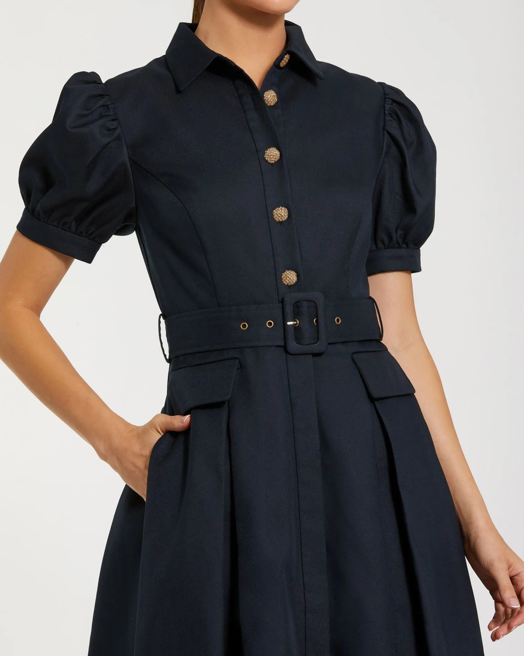 Navy Puff Sleeve Belted Midi Shirt Dress Ieena for Mac Duggal 