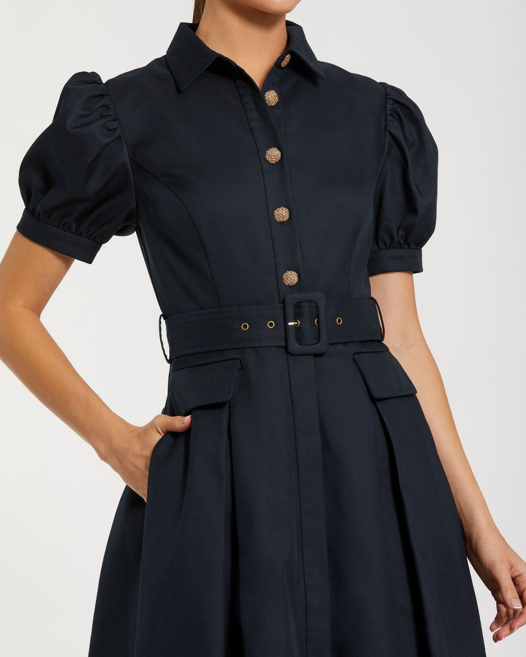 Navy Puff Sleeve Belted Midi Shirt Dress Ieena for Mac Duggal 