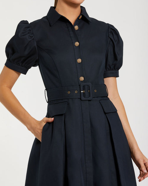 Navy Puff Sleeve Belted Midi Shirt Dress Ieena for Mac Duggal 