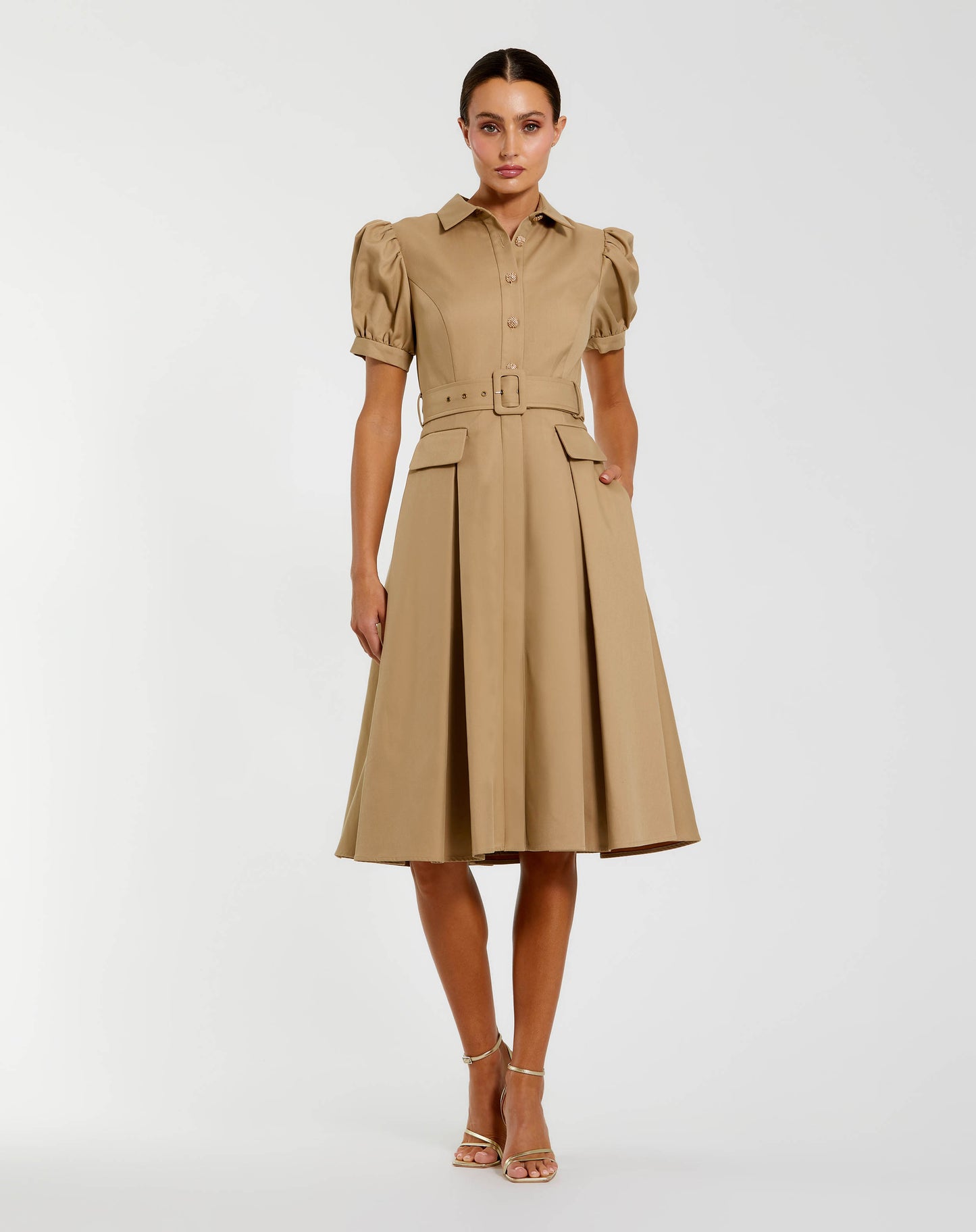 Puff Sleeve Twill Button Up Midi Dress With Belt Ieena for Mac Duggal