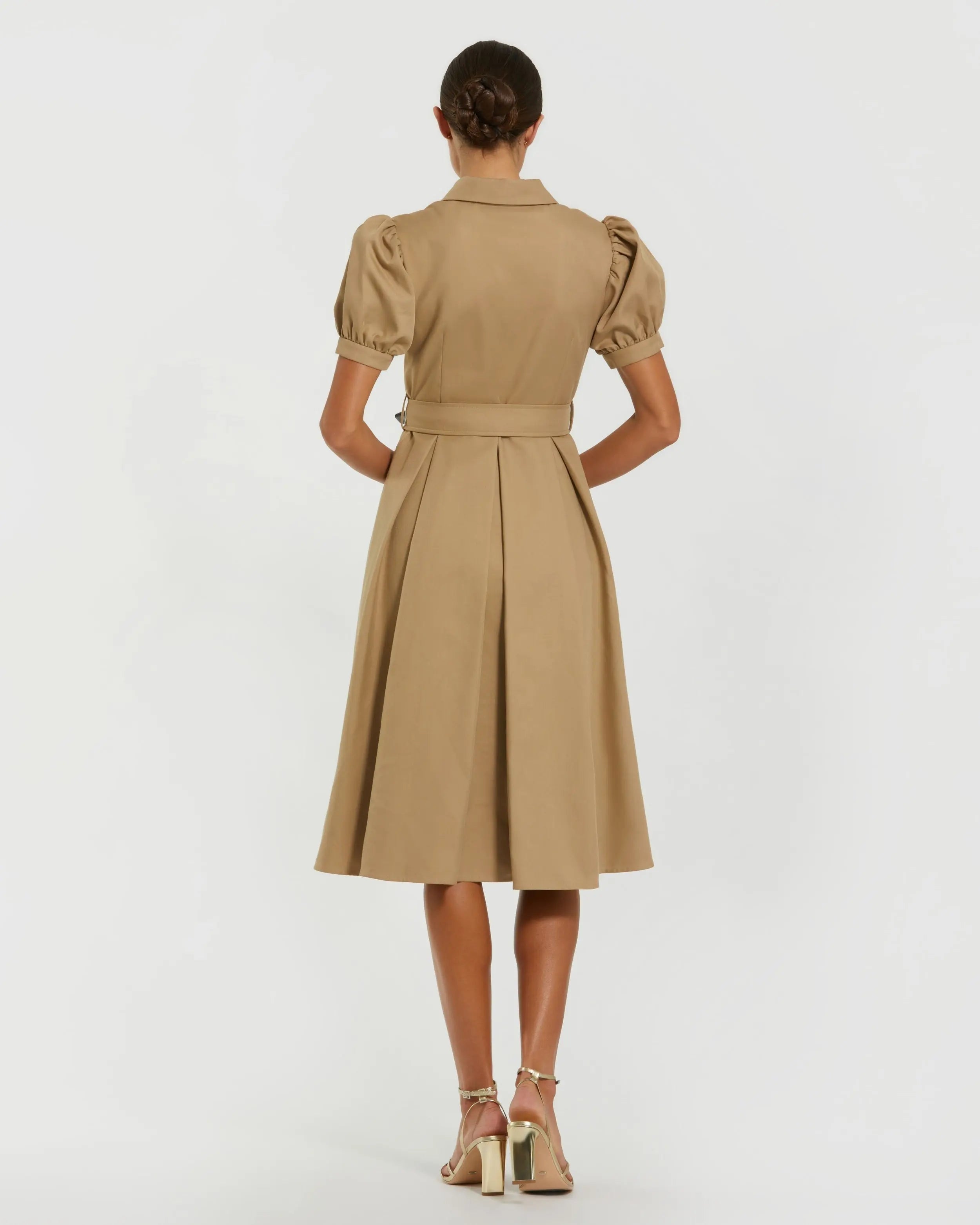 Beige Puff Sleeve Belted Midi Shirt Dress Ieena for Mac Duggal