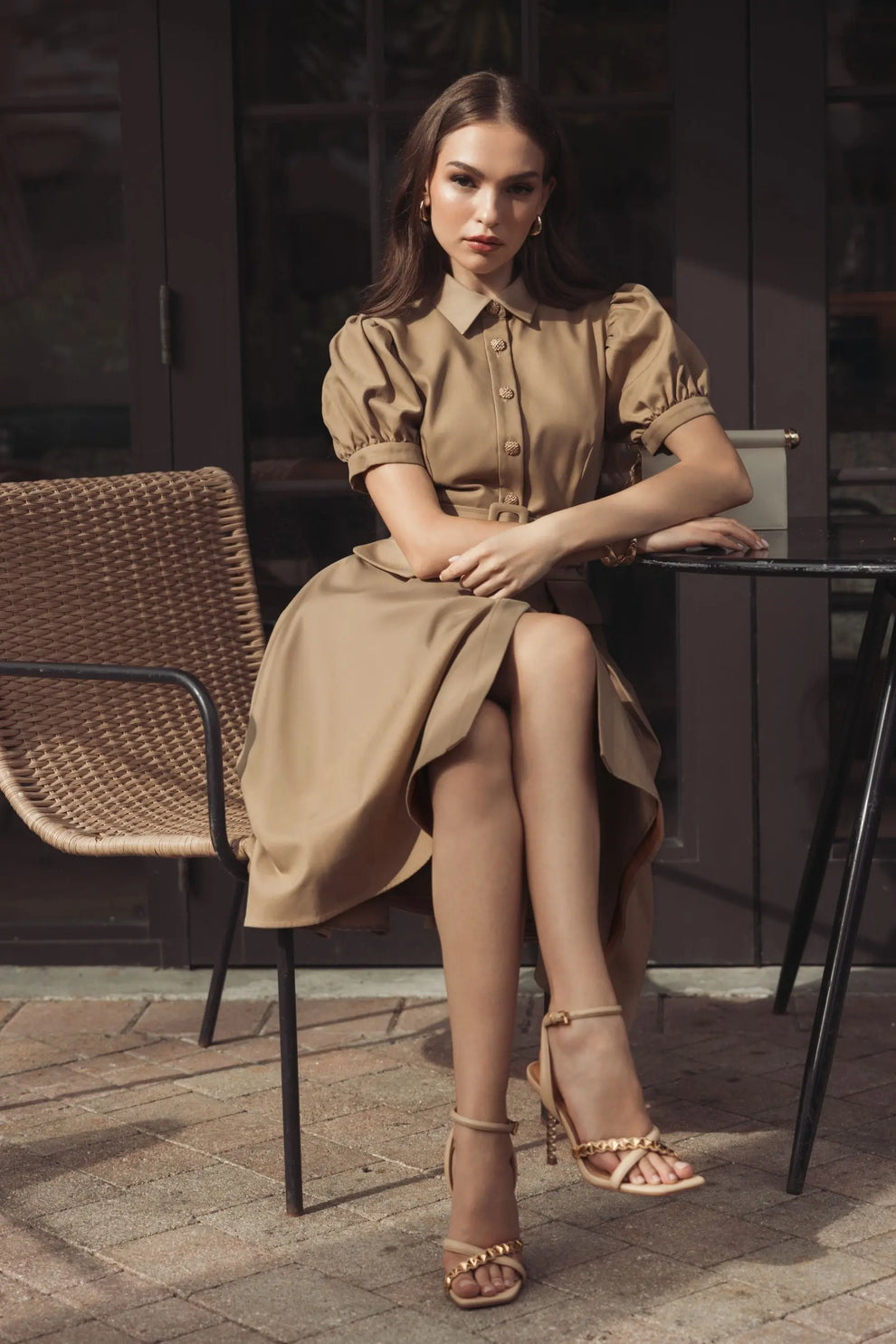Beige Puff Sleeve Belted Midi Shirt Dress Mac Duggal beige-puff-sleeve-belted-midi-shirt-dress-mac-duggal