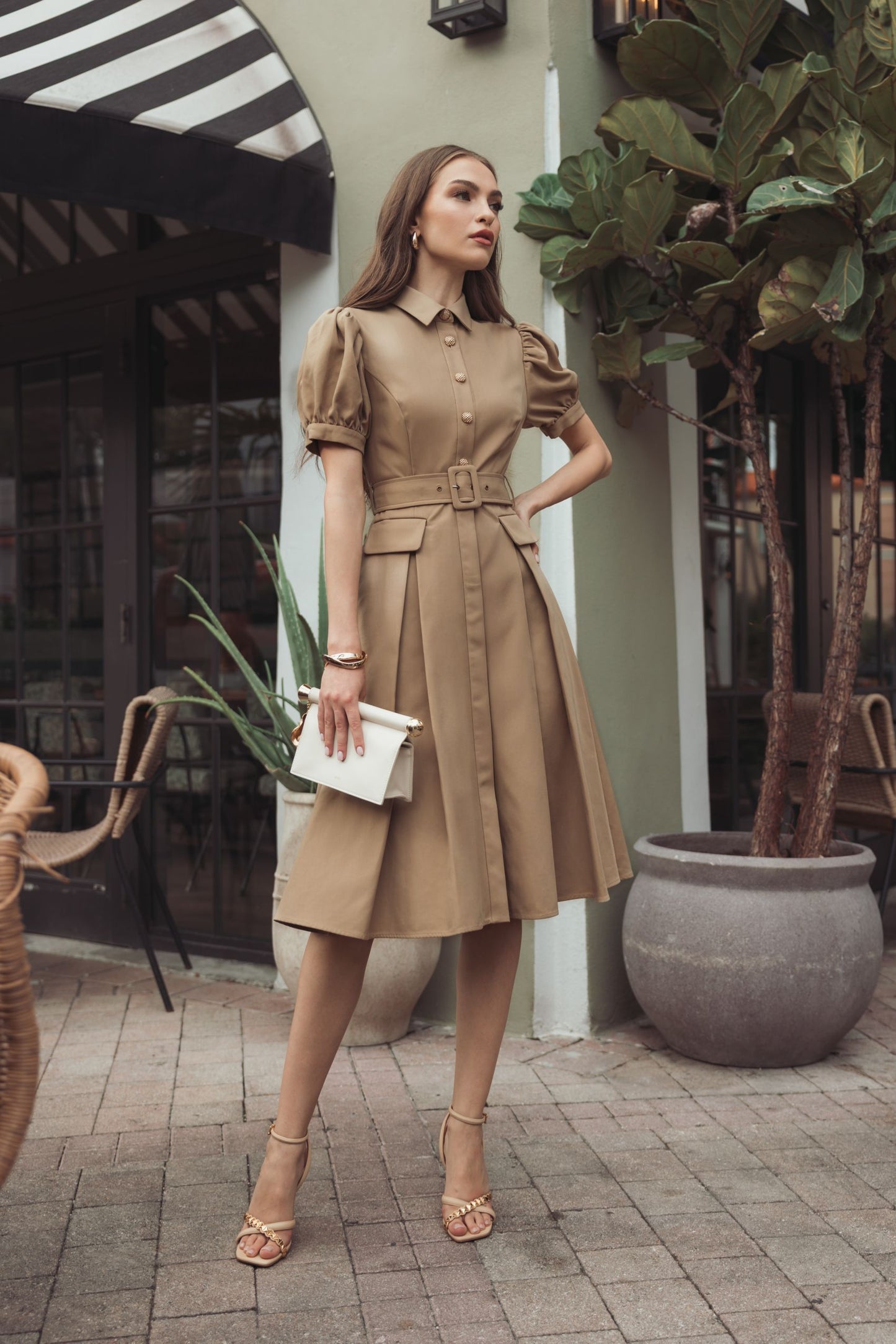Beige Puff Sleeve Belted Midi Shirt Dress