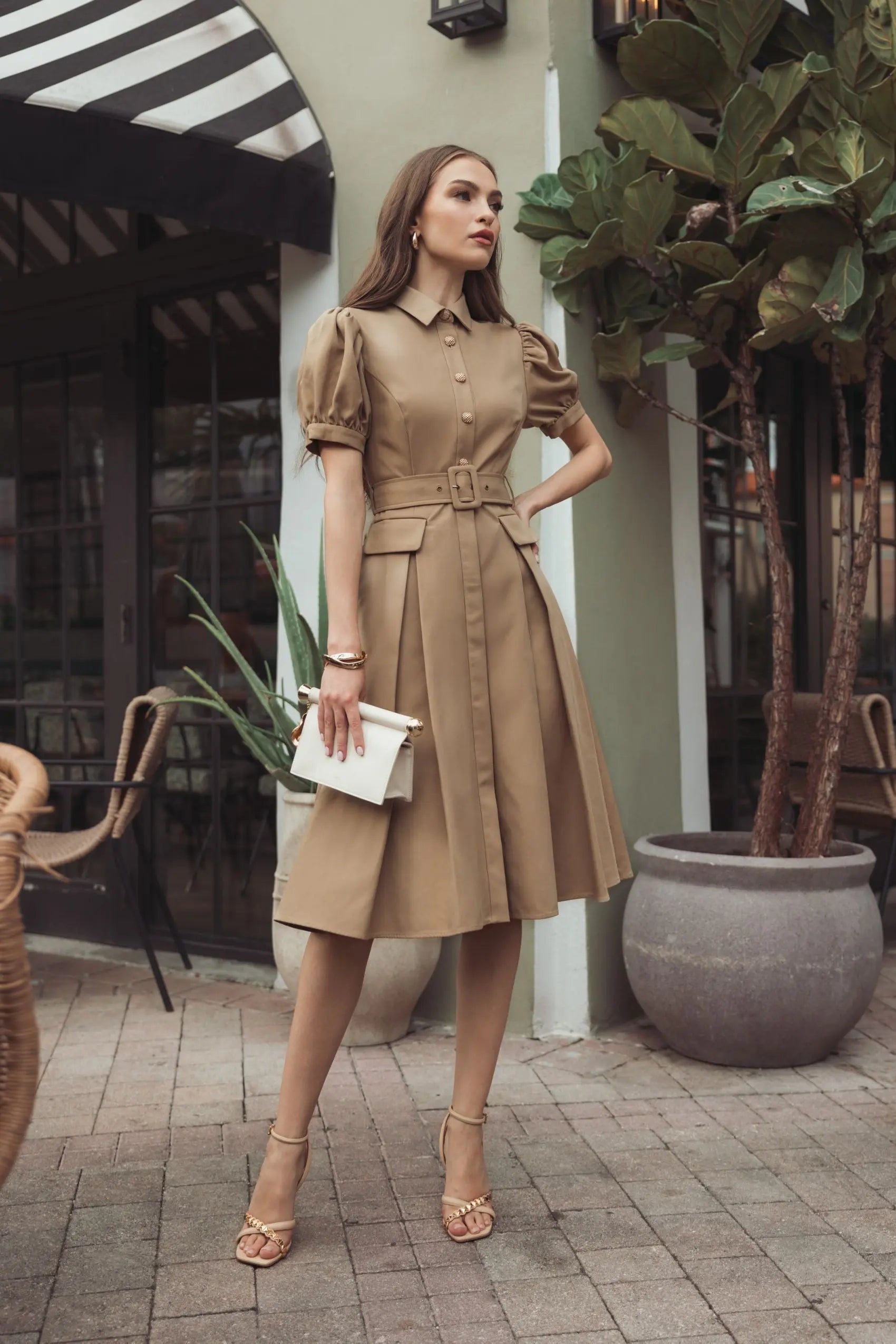 Beige Puff Sleeve Belted Midi Shirt Dress Ieena for Mac Duggal