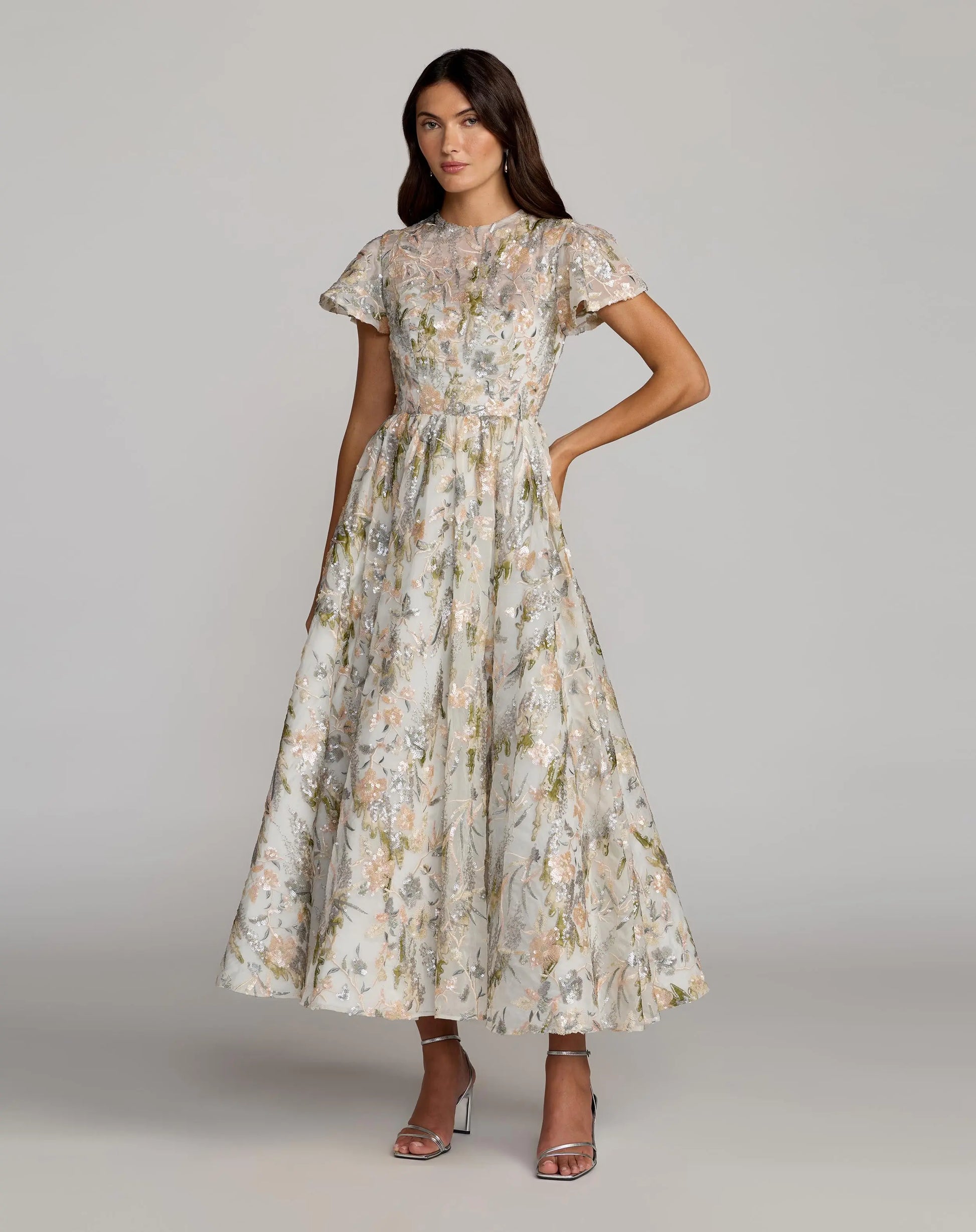 Multicolor Flutter Sleeve Sequin A-Line Midi Dress - Mac Duggal