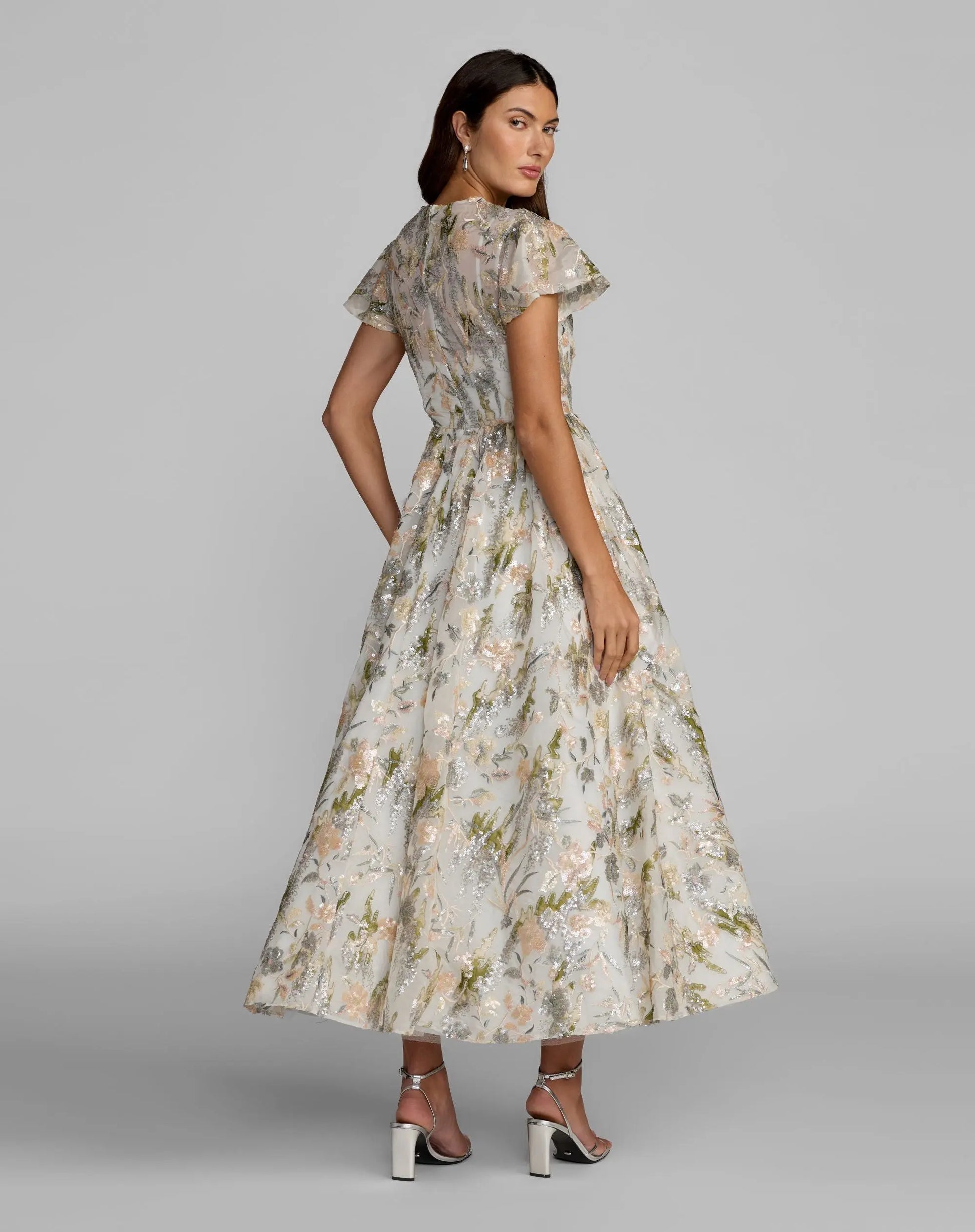 sequin flutter tiered midi dress Unbelievable Glow Gold Metallic Tiered Flutter Sleeve Midi Dress