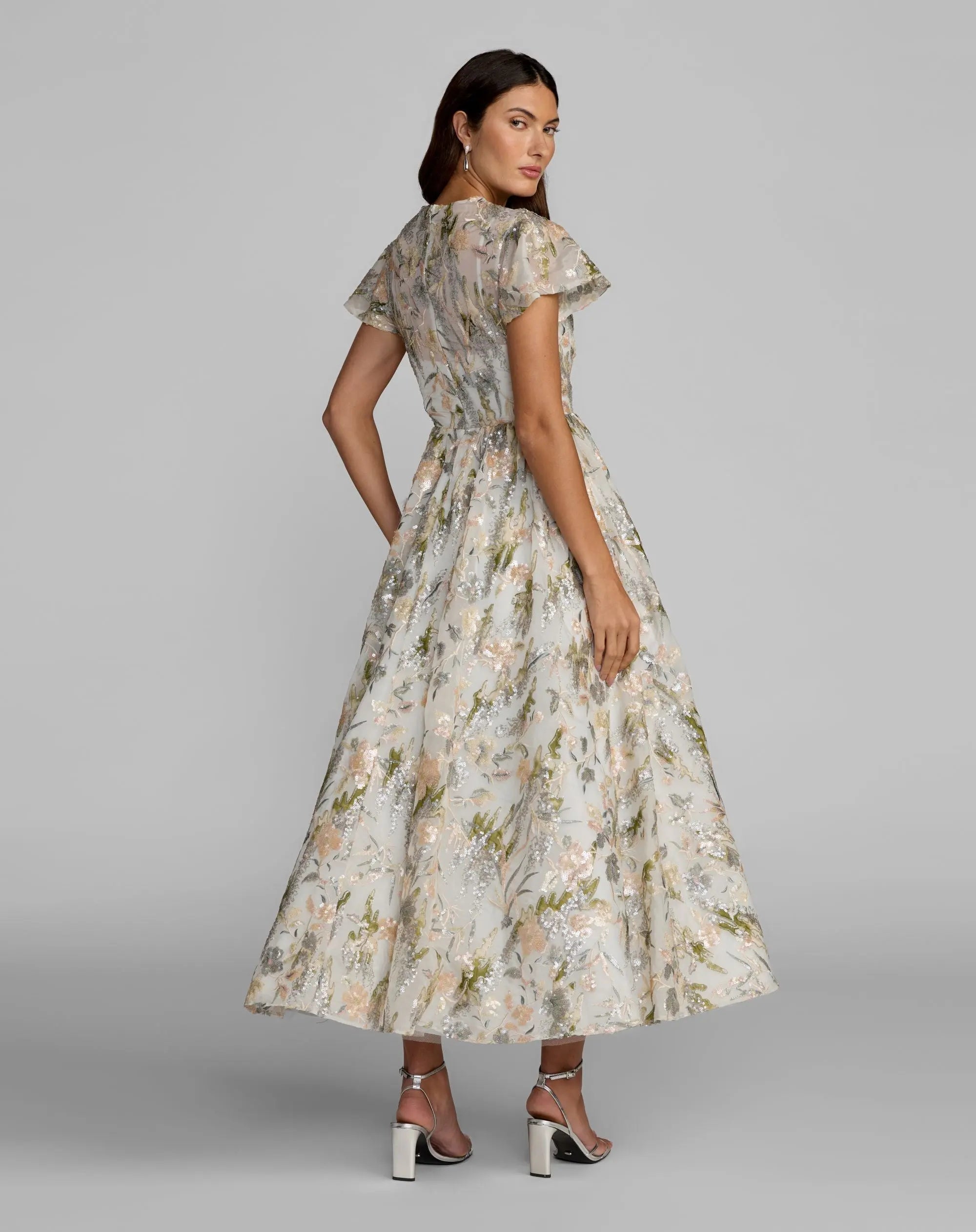 Multicolor Flutter Sleeve Sequin A-Line Midi Dress - Mac Duggal