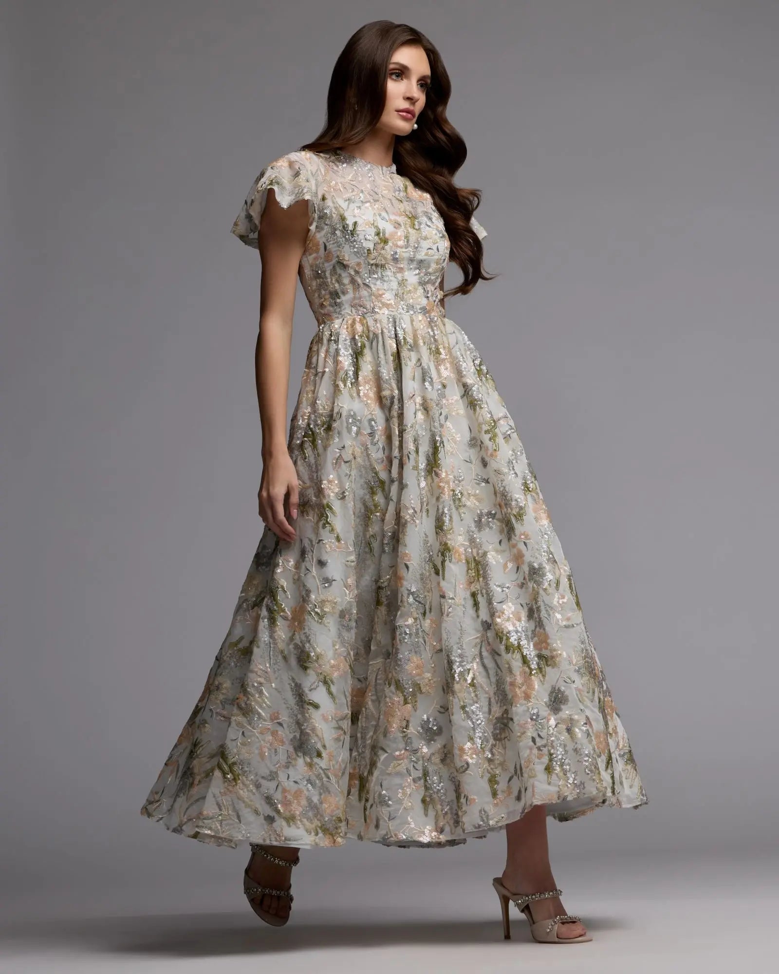 Mac Duggal - Ivory Flutter Sleeve Sequin A-Line Midi Dress - Oyster Multi / US 14 Mac Duggal - Ivory Flutter Sleeve Sequin A-Line Midi Dress - Oyster Multi / US 14