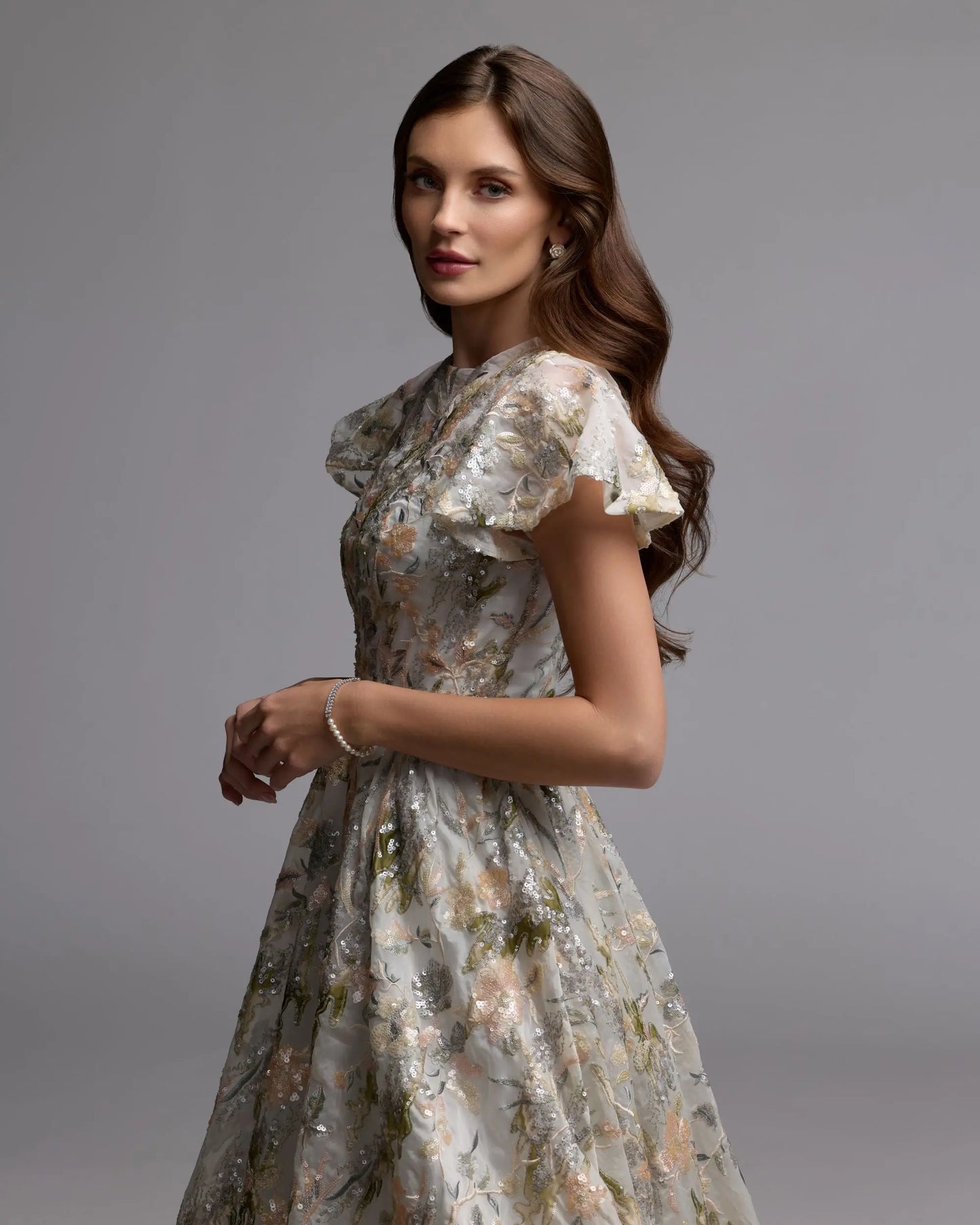 Multicolor Flutter Sleeve Sequin A-Line Midi Dress - Mac Duggal