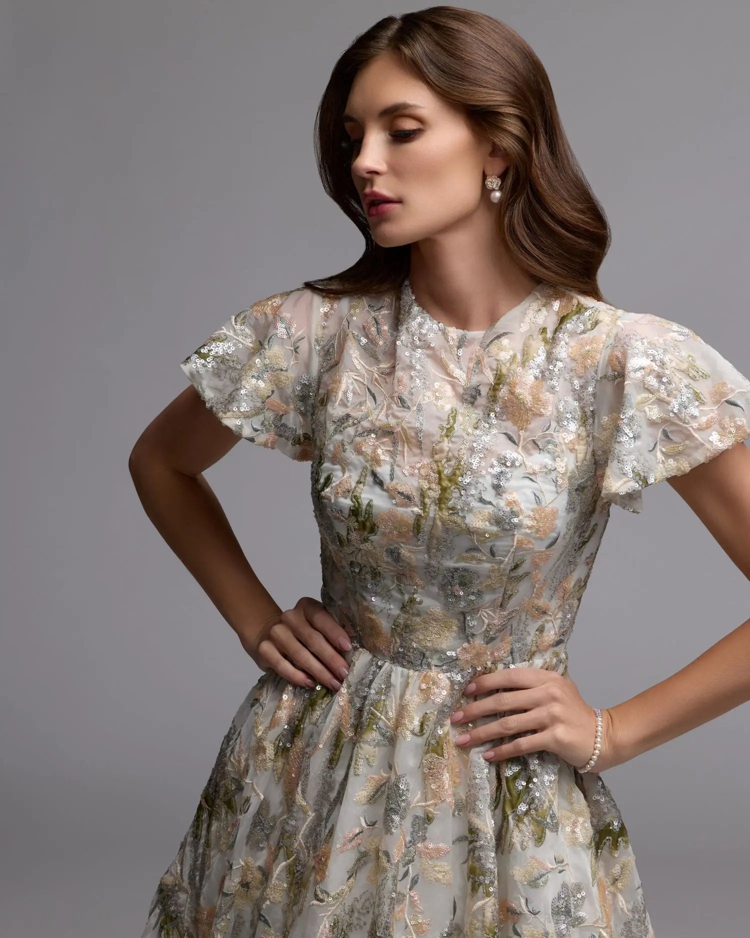 Ivory Flutter Sleeve Sequin A-Line Midi Dress