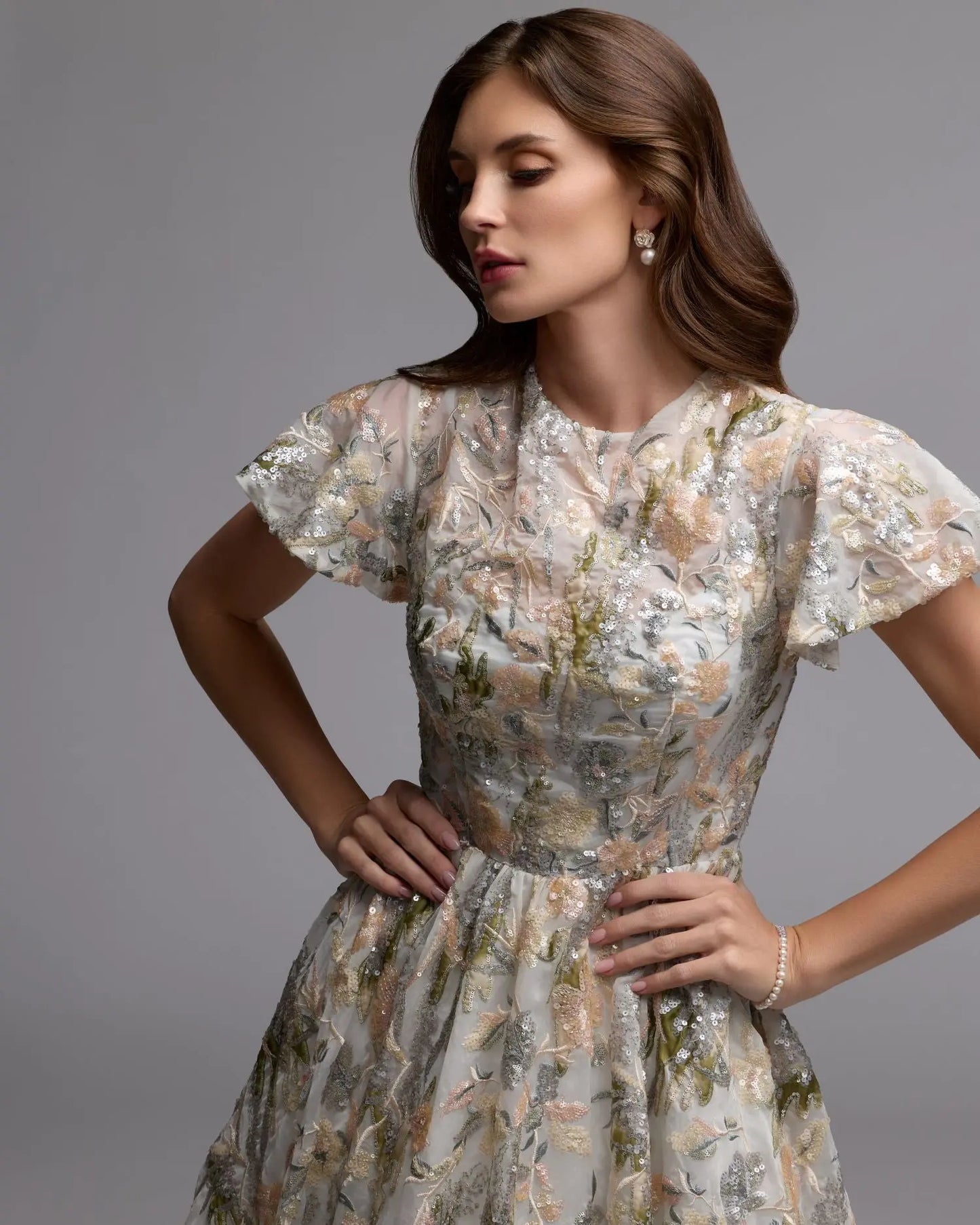 Multicolor Flutter Sleeve Sequin A-Line Midi Dress - Mac Duggal