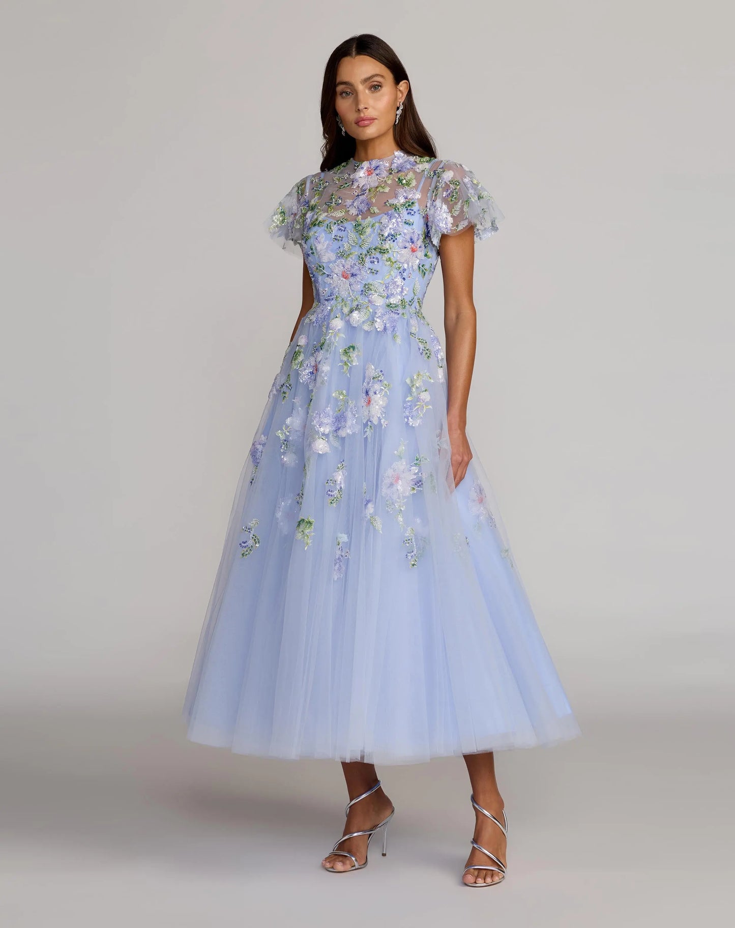 Blue Flutter Sleeve Embroidered A-Line Midi Dress | Mac Duggal Blue Flutter Sleeve Embroidered A-Line Midi Dress | Mac Duggal