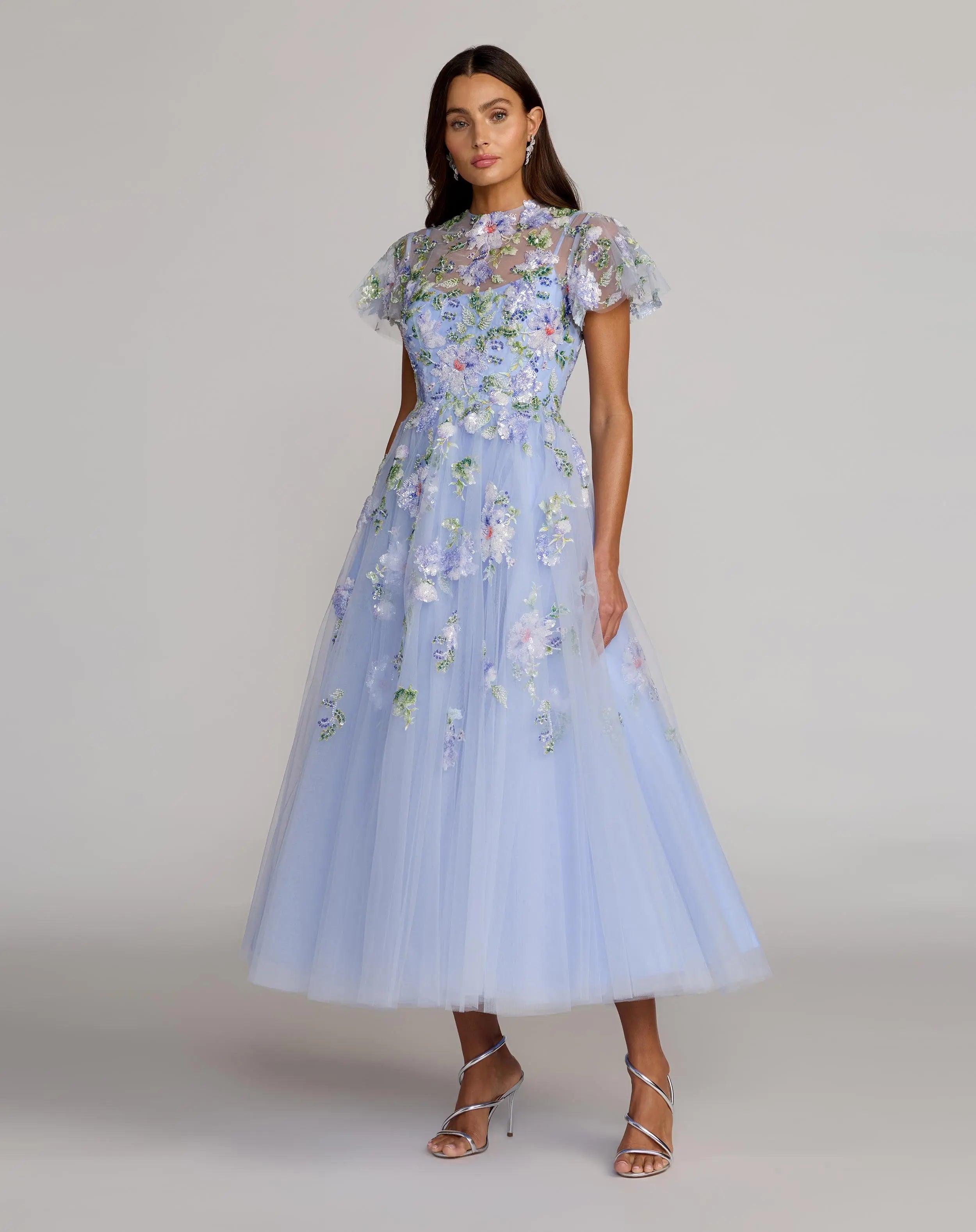 Blue Flutter Sleeve Embroidered A-Line Midi Dress - Mac Duggal