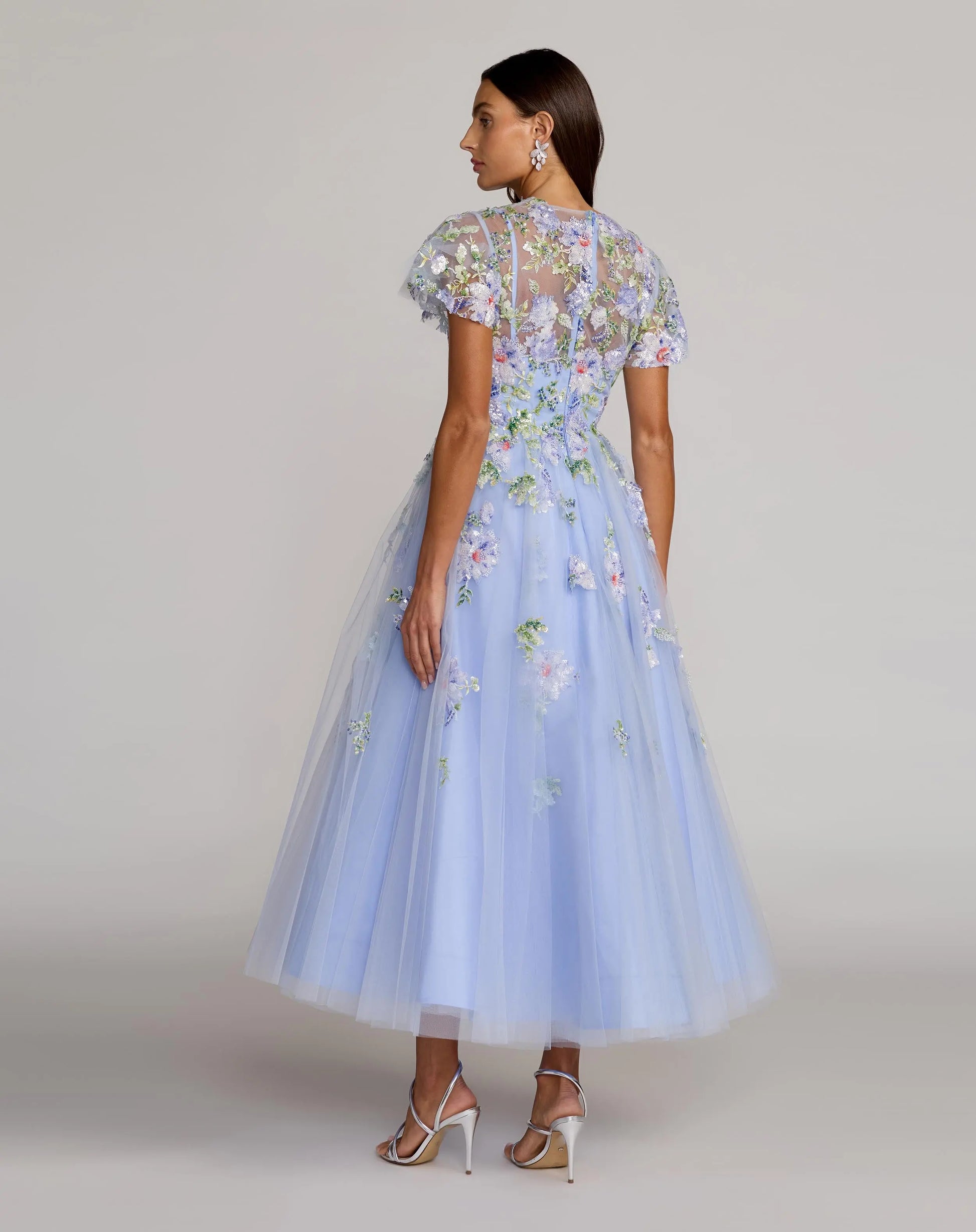 Blue Flutter Sleeve Embroidered A-Line Midi Dress - Mac Duggal