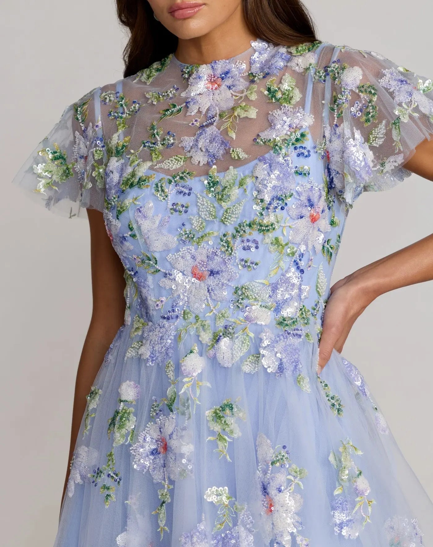 Blue Flutter Sleeve Embroidered A-Line Midi Dress - Mac Duggal