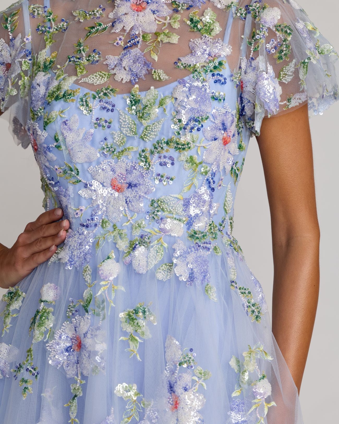 Blue Flutter Sleeve Embroidered A-Line Midi Dress