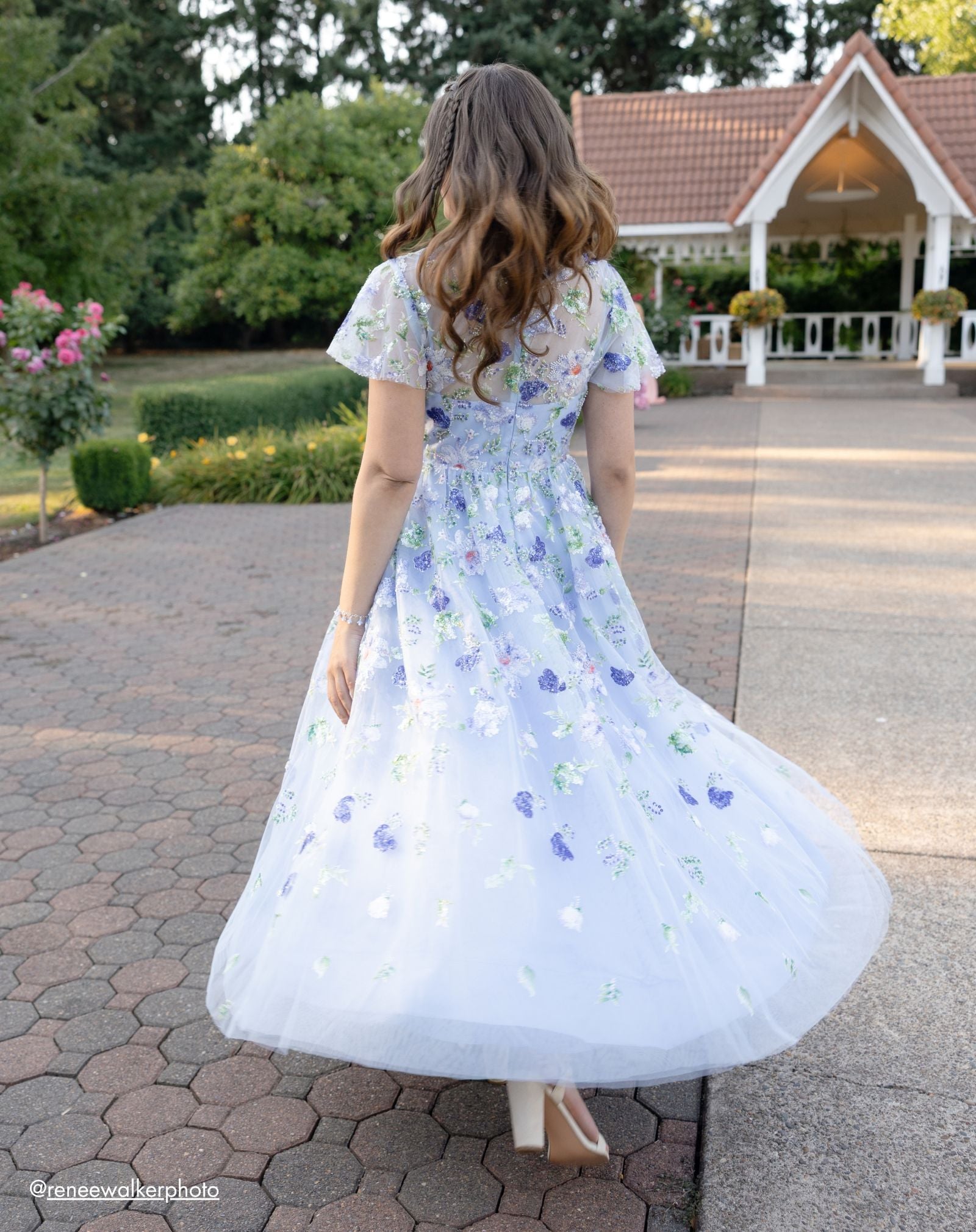 Blue Flutter Sleeve Embroidered A-Line Midi Dress - Mac Duggal