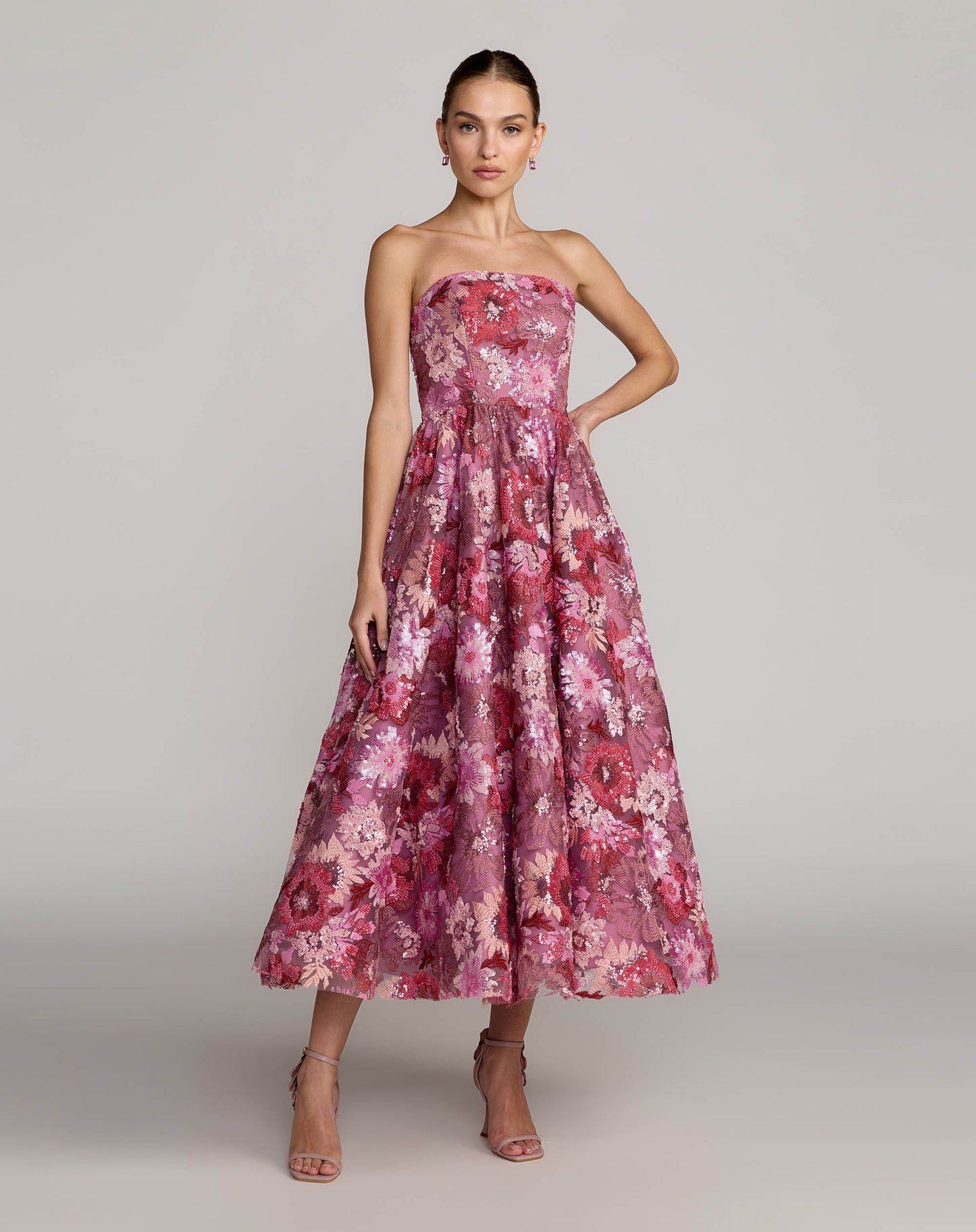 Purple Floral Sequin Strapless Midi Dress Mac Duggal