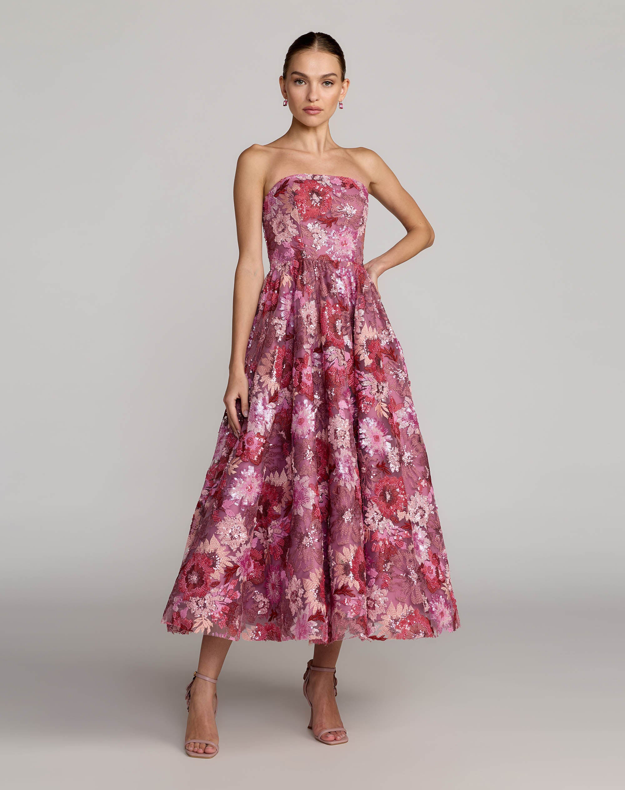 Purple Floral Sequin Strapless Midi Dress Mac Duggal