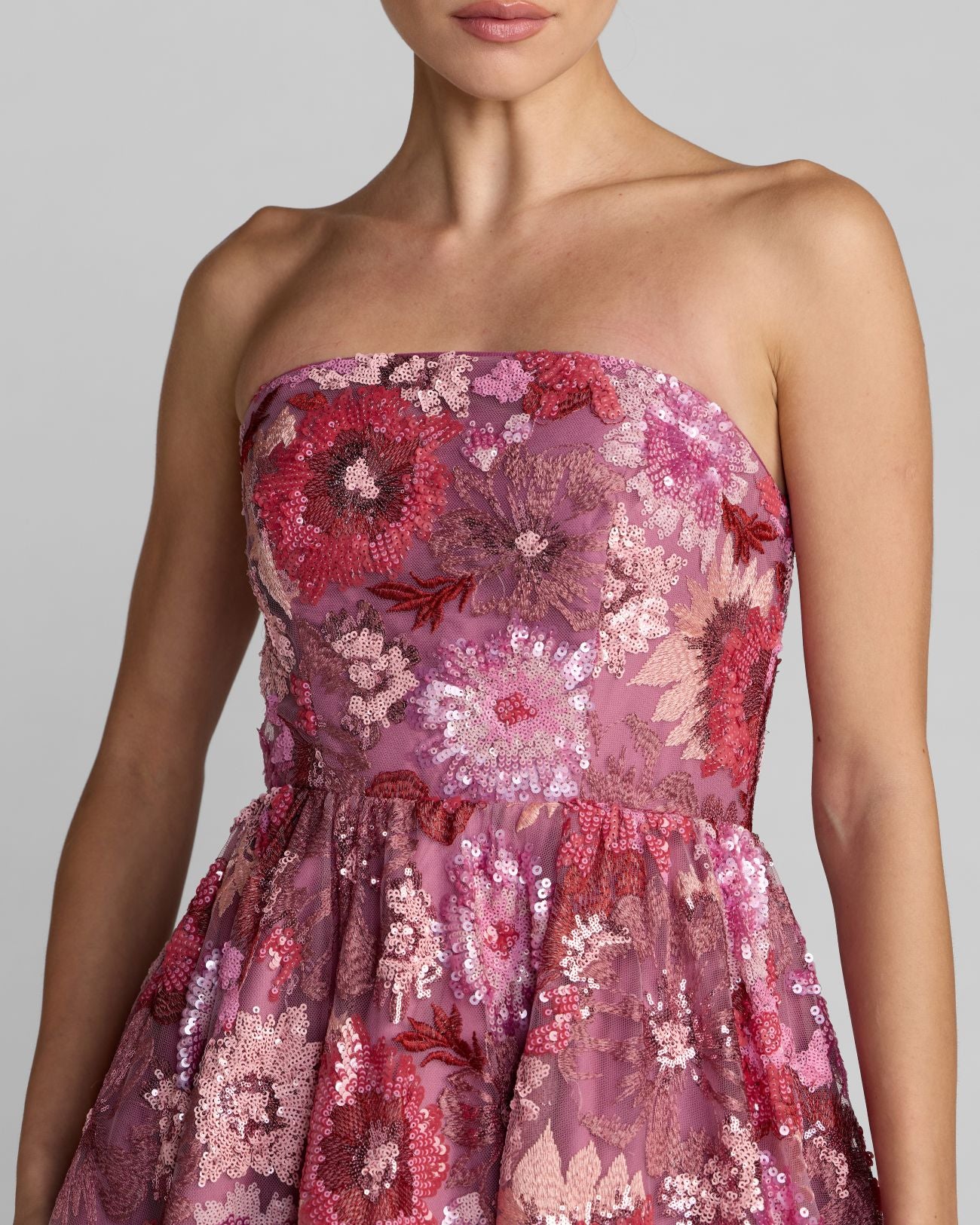 Purple Floral Sequin Strapless Midi Dress Mac Duggal