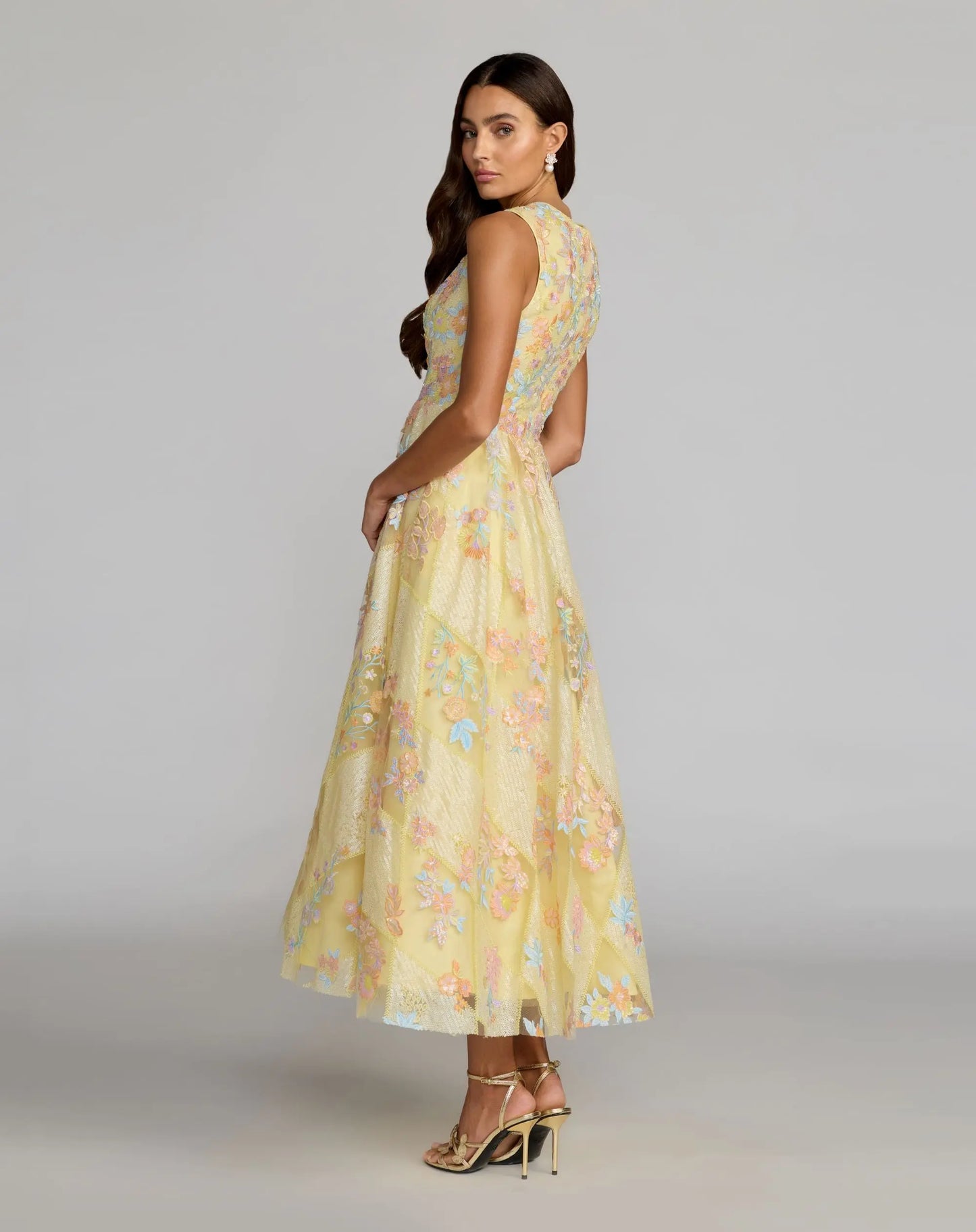 Yellow Sleeveless Embroidered A-Line Midi Dress - Mac Duggal