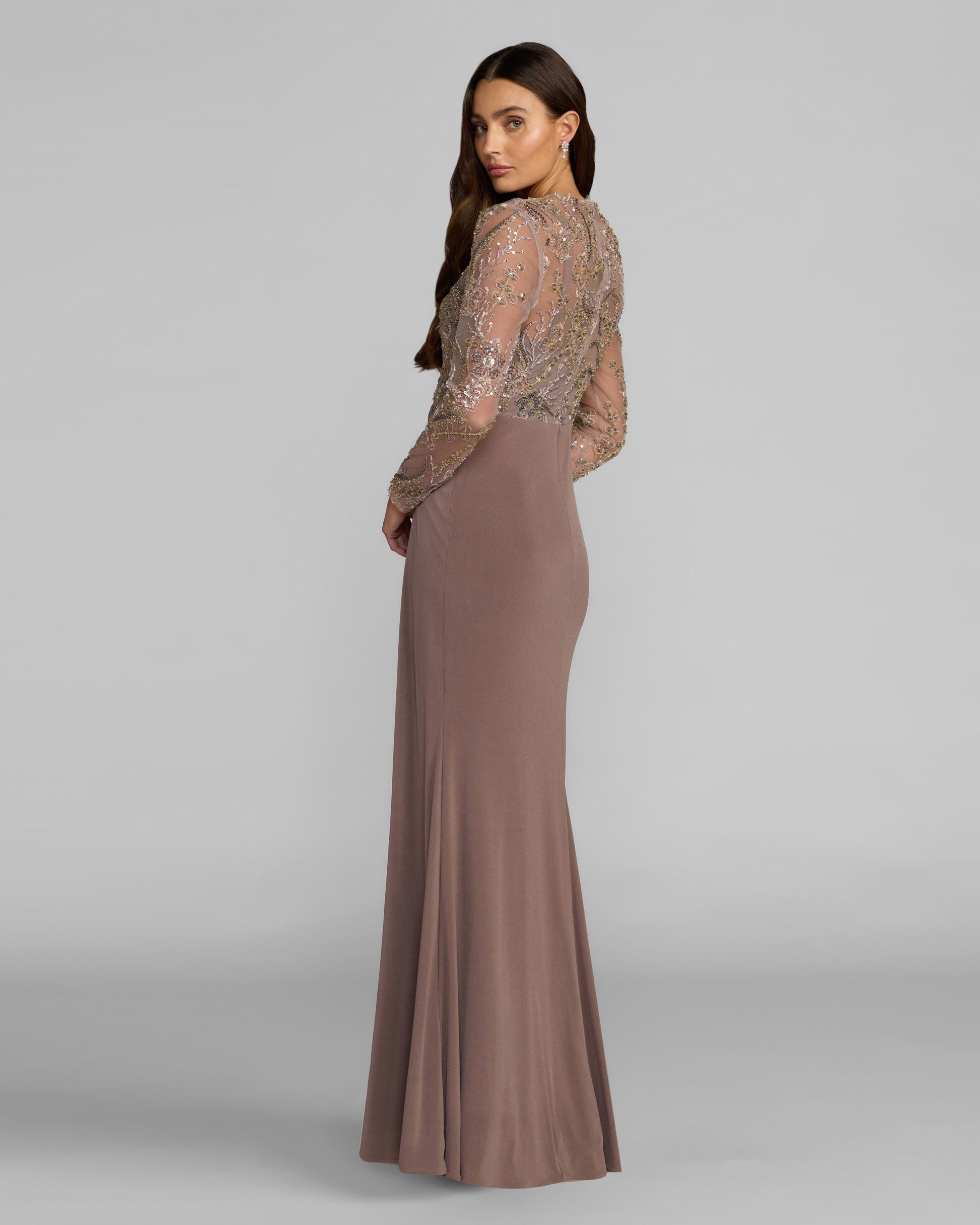 Brown Embroidered Illusion Long Sleeve Draped Gown