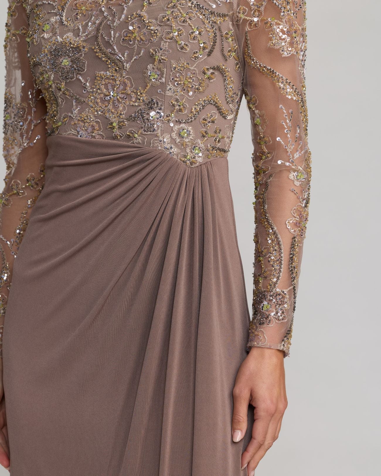 mac duggal brown dress Embroidered Illusion Long Sleeve Draped Gown red and black football outfit Princess Aurora Blue Dress, Mac Duggal Jersey fabric Media:Canva Template