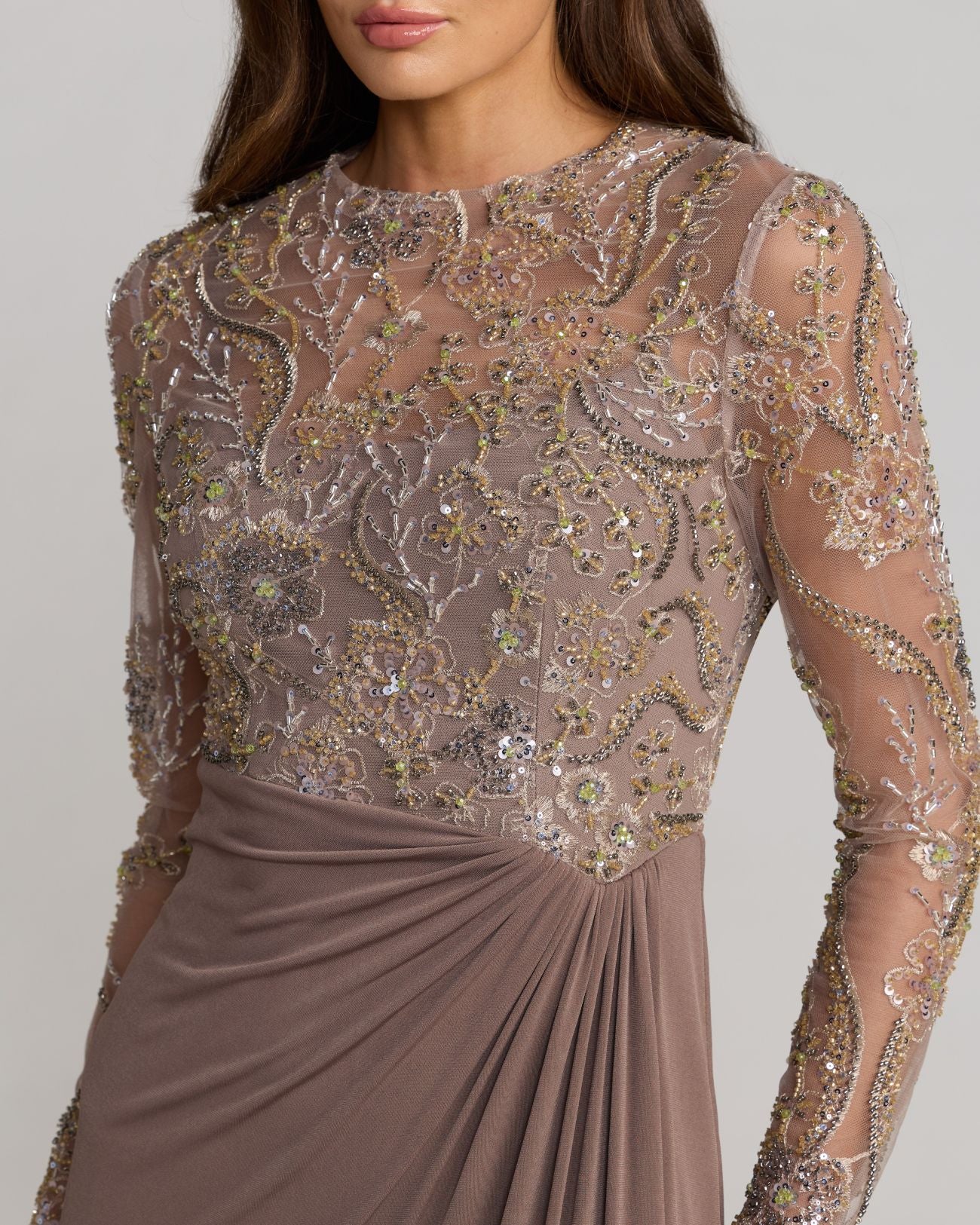 Brown Embroidered Illusion Long Sleeve Draped Gown Mac Duggal