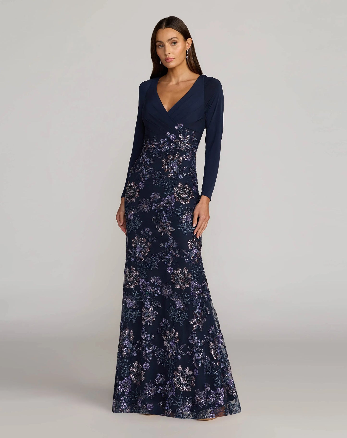 Navy Floral Embroidered Jersey Long Sleeve Gown Mac Duggal