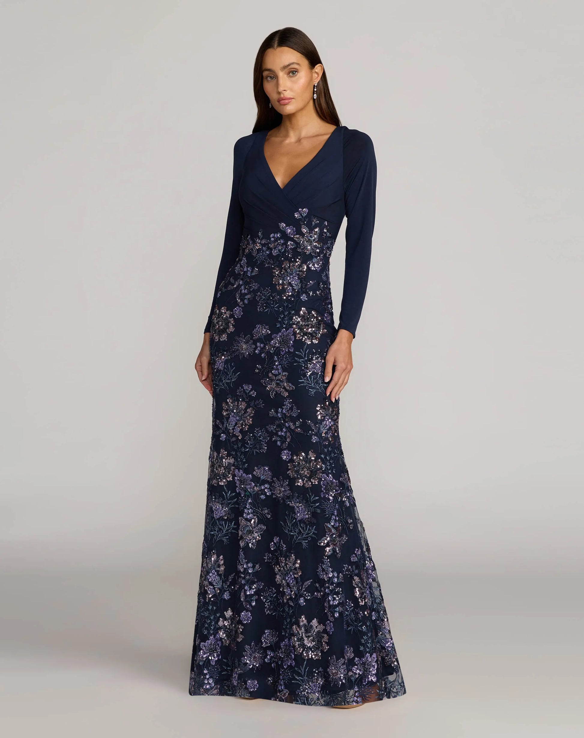 Navy Floral Embroidered Jersey Long Sleeve Gown Mac Duggal