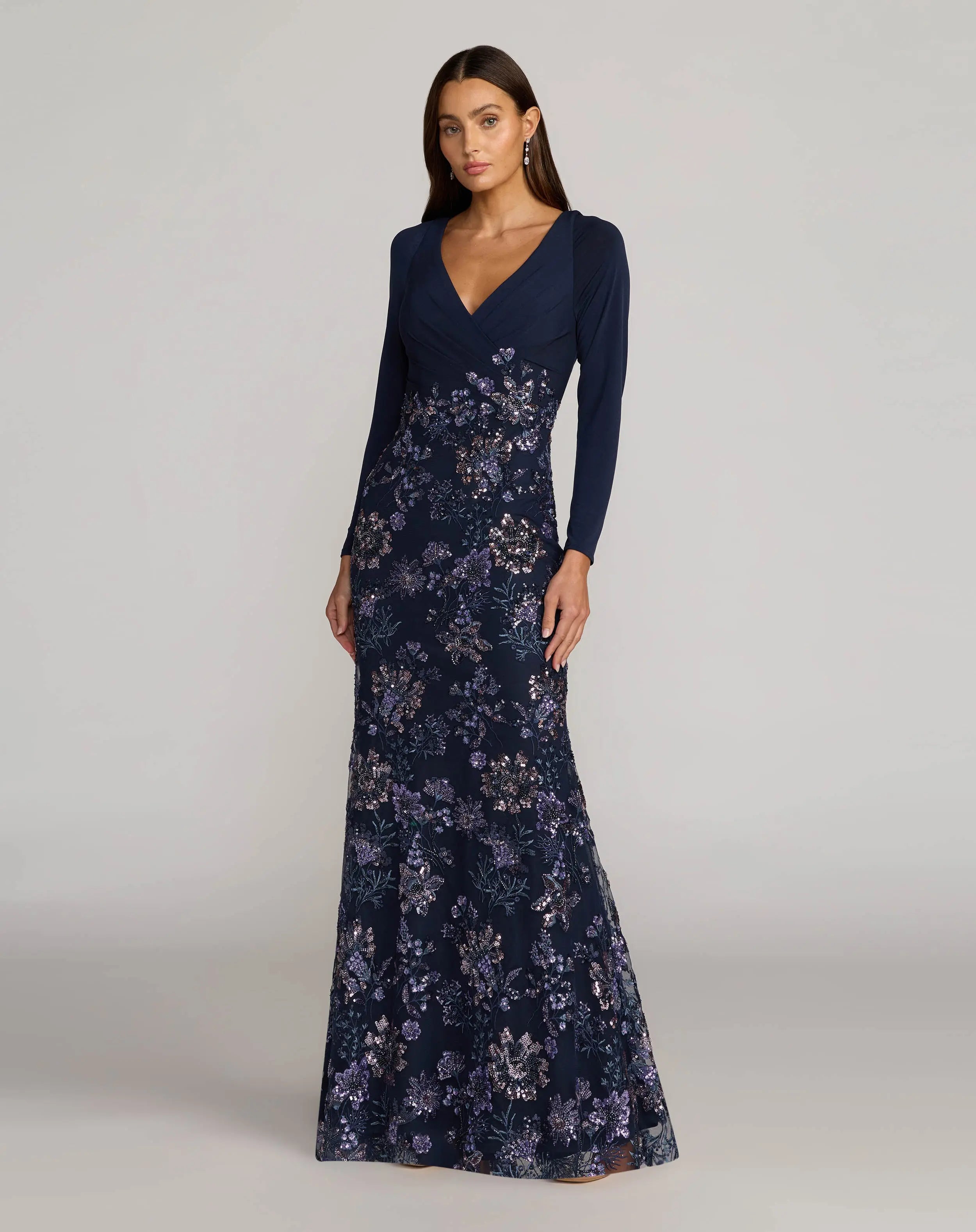 Navy Floral Embroidered Jersey Long Sleeve Gown Mac Duggal