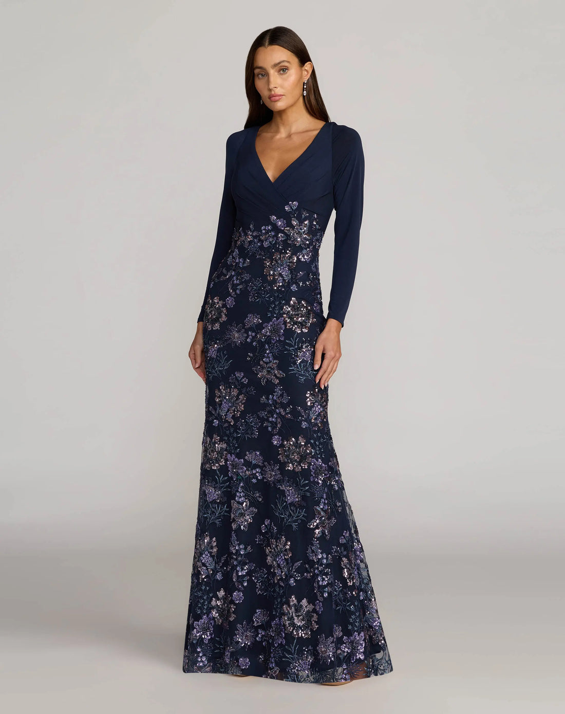 Navy Floral Embroidered Jersey Long Sleeve Gown Mac Duggal