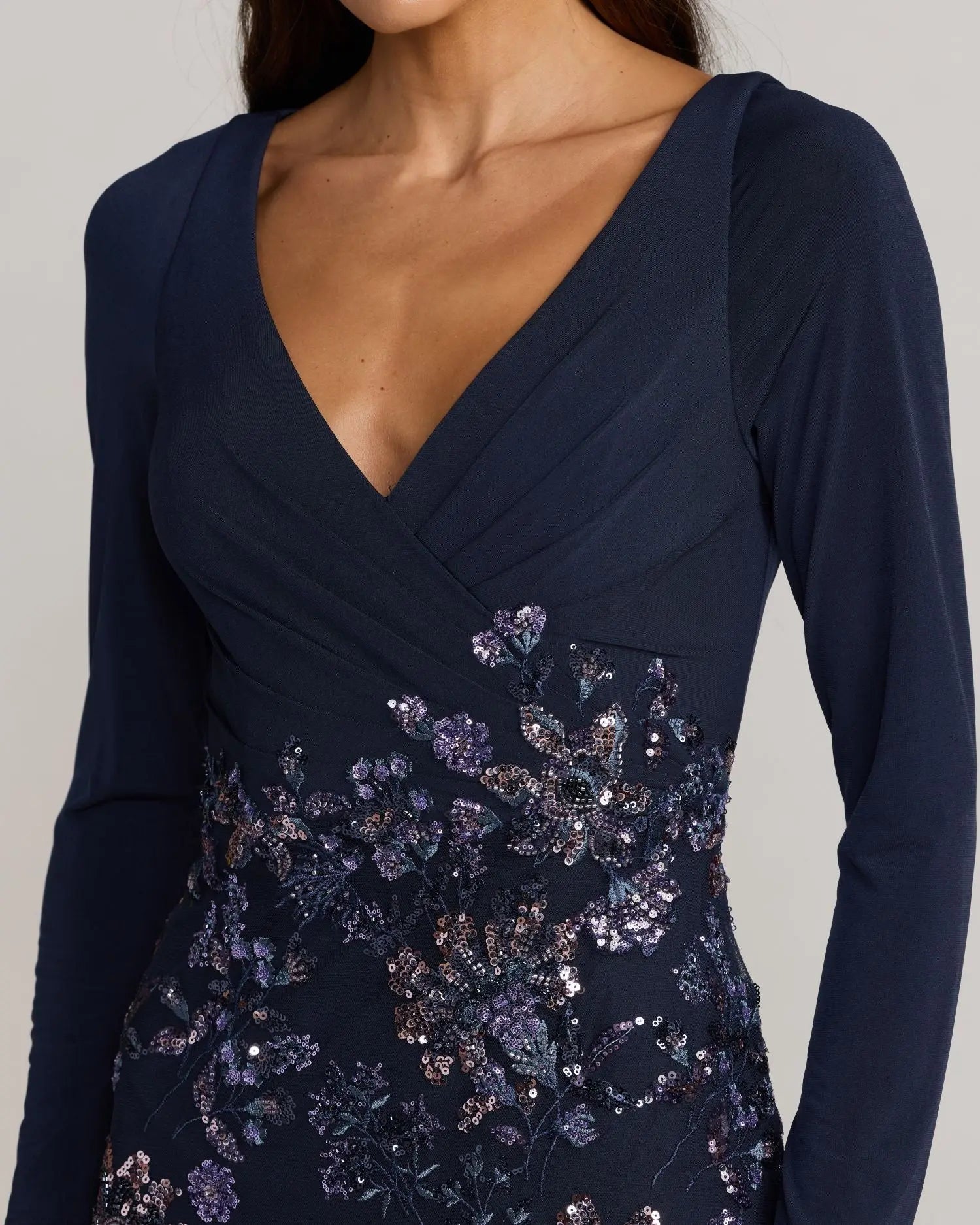 Navy Floral Embroidered Jersey Long Sleeve Gown Mac Duggal