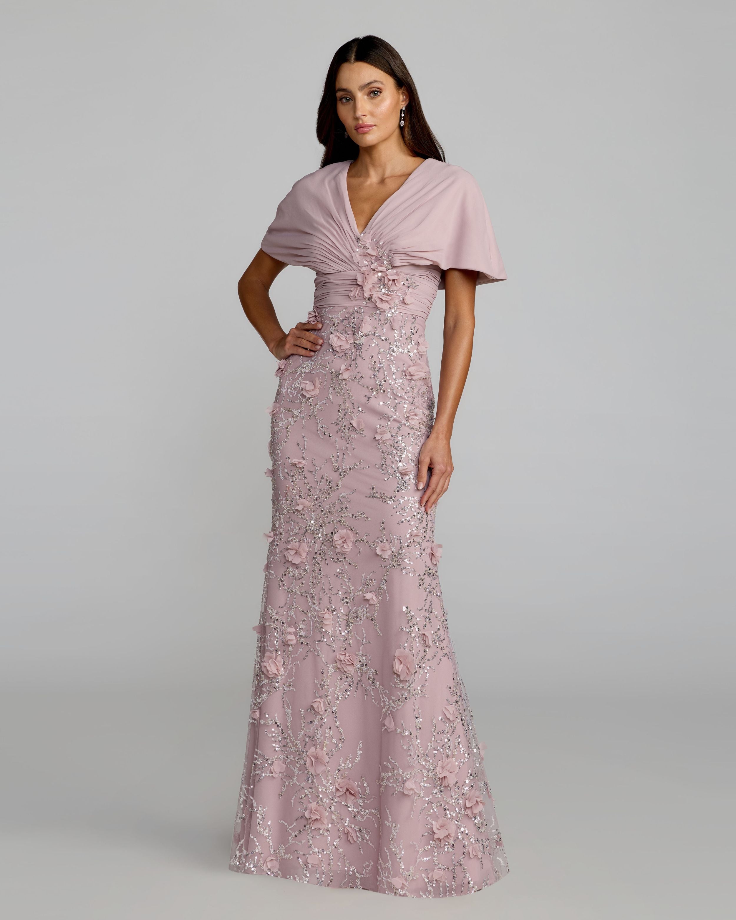 Purple Embellished Draped Cape Sleeve Gown