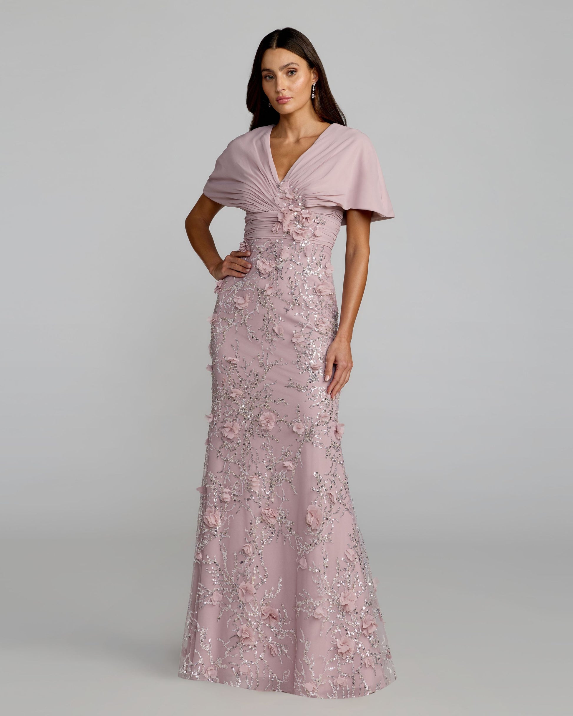 Mac Duggal Women's Chiffon Faux Wrap Beaded Column Gown