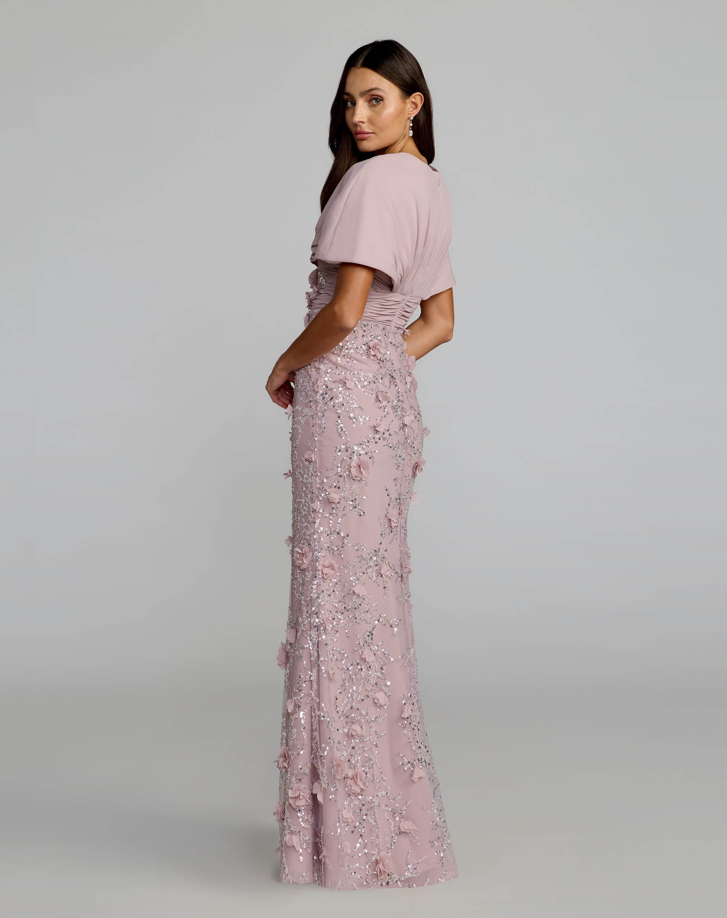 Purple Embellished Draped Cape Sleeve Gown Mac Duggal