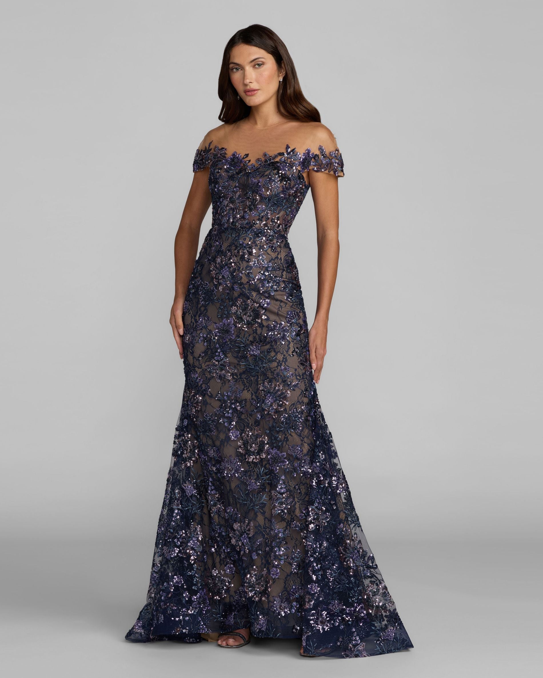 Navy Embellished Lace Trumpet Gown